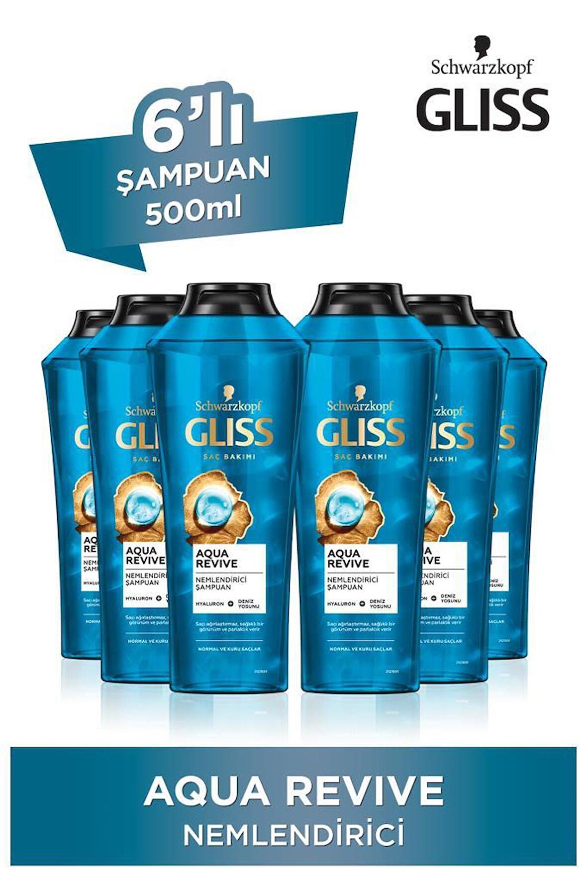 Gliss Aqua Revive Hyaluron ve Deniz Yosunu içeren Nemlendirici Şampuan 500 ml x 6 Adet