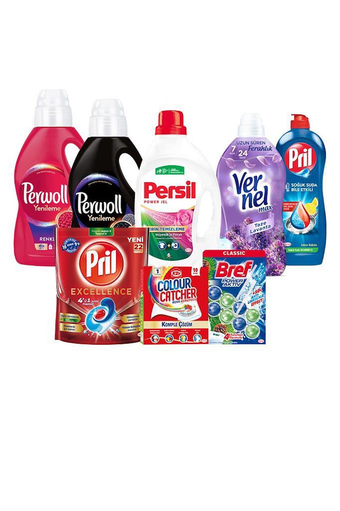 Her Evin İhtiyacı Güçlü Temizlik Seti Orta Boy : Deterjan Yumuşatıcı Perwoll Persil Pril K2r Bref