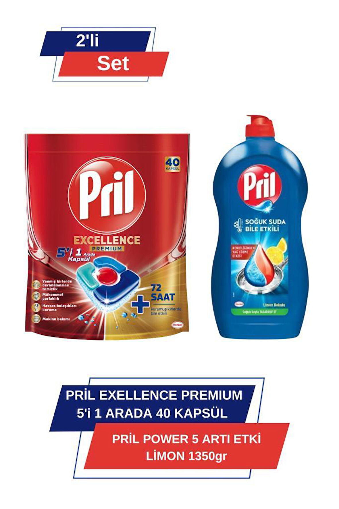 Pril Excellence Premium 5’i 1 Arada 40'lı Kapsül &Pril Power 5 Arti Etki Limon 1350Gr