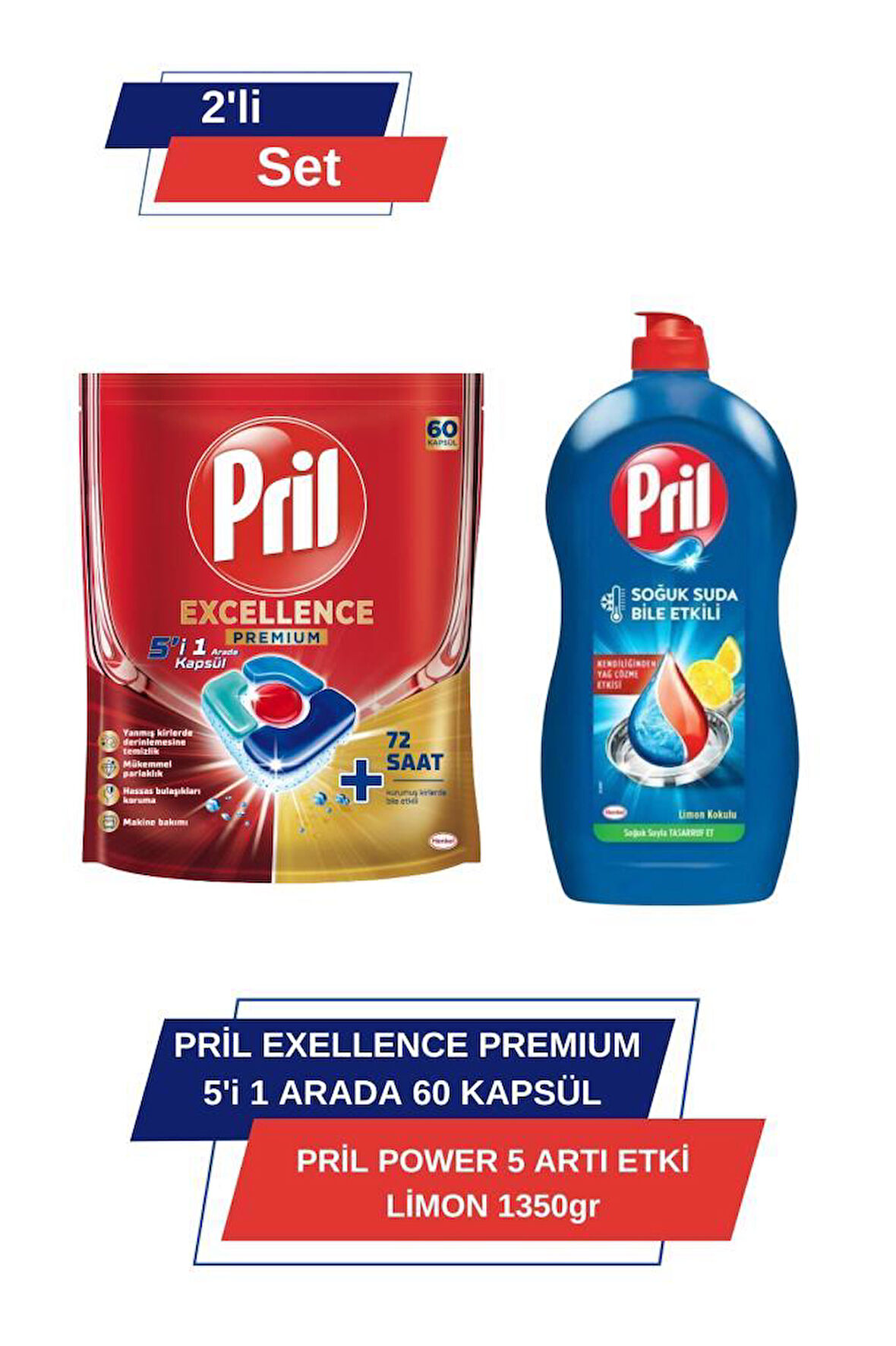 Pril Excellence Premium 5’i 1 Arada 60'lı Kapsül &Pril Power 5 Arti Etki Limon 1350Gr