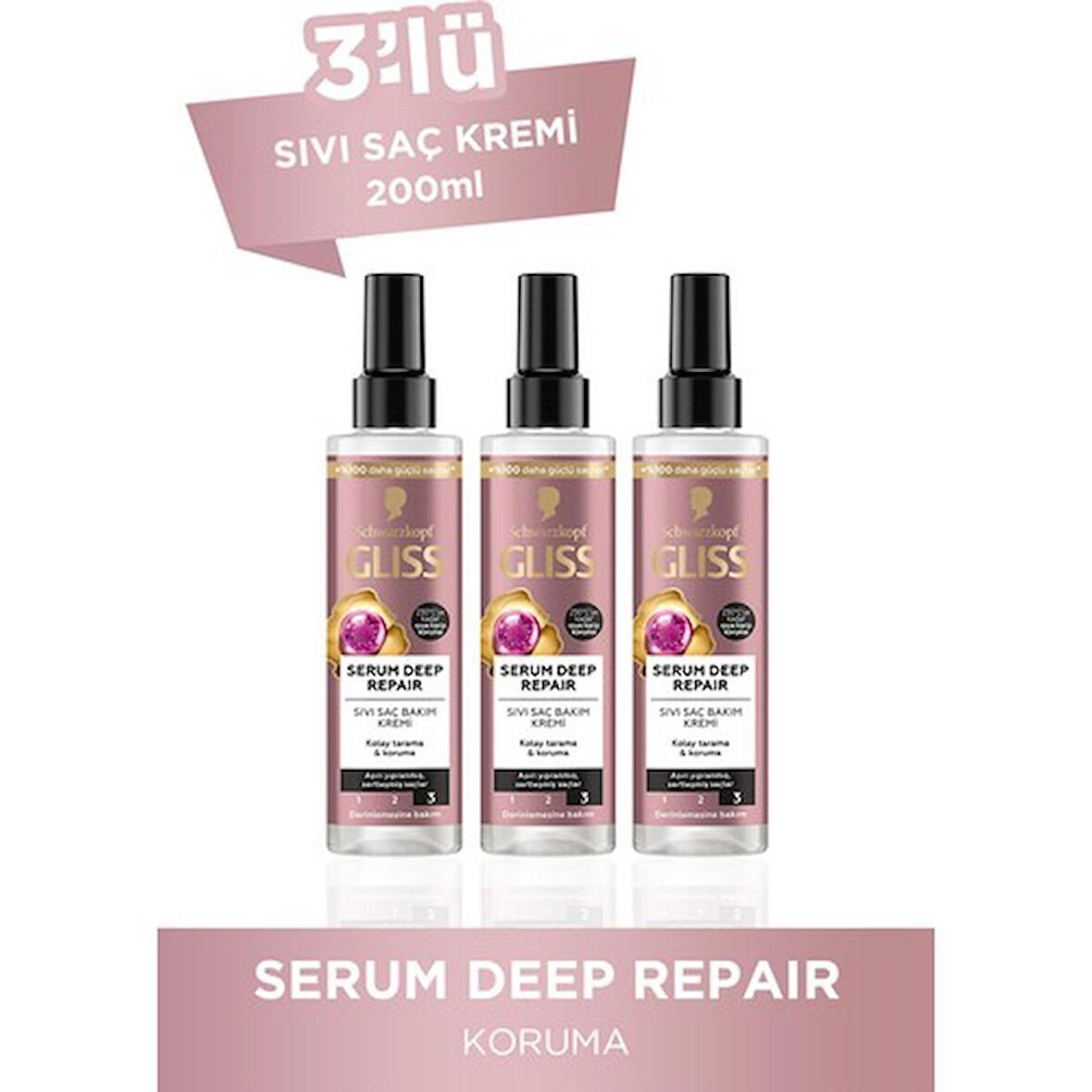Gliss Serum Deep Repair Onarıcı Durulanmayan Sıvı Saç Kremi 200 ml x 3 Adet