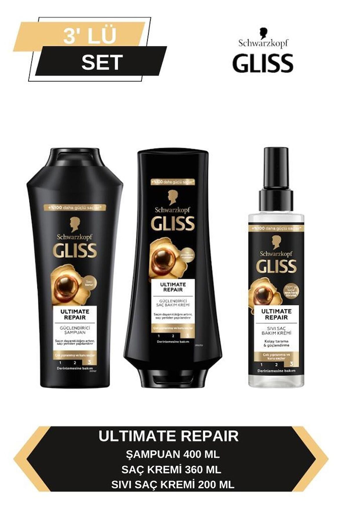 Gliss Ultimate Repair Şampuan 400ml + Saç Kremi 360ml + Sıvı Saç Kremi 200 ml 