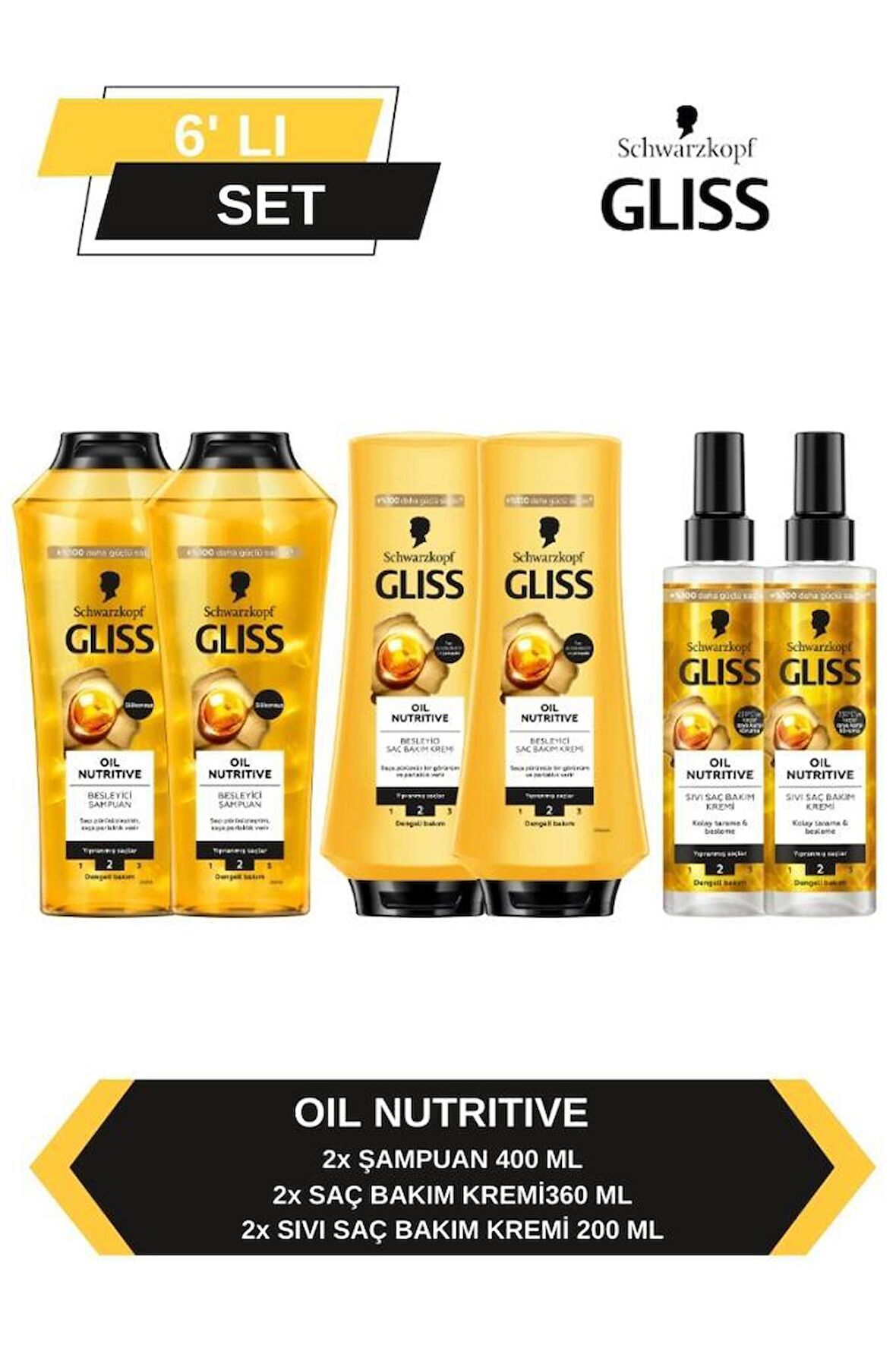 Gliss Oil Nutritive Şampuan 400ml x2 + Saç Kremi 360ml x2+ Sıvı Saç Kremi 200 ml x2