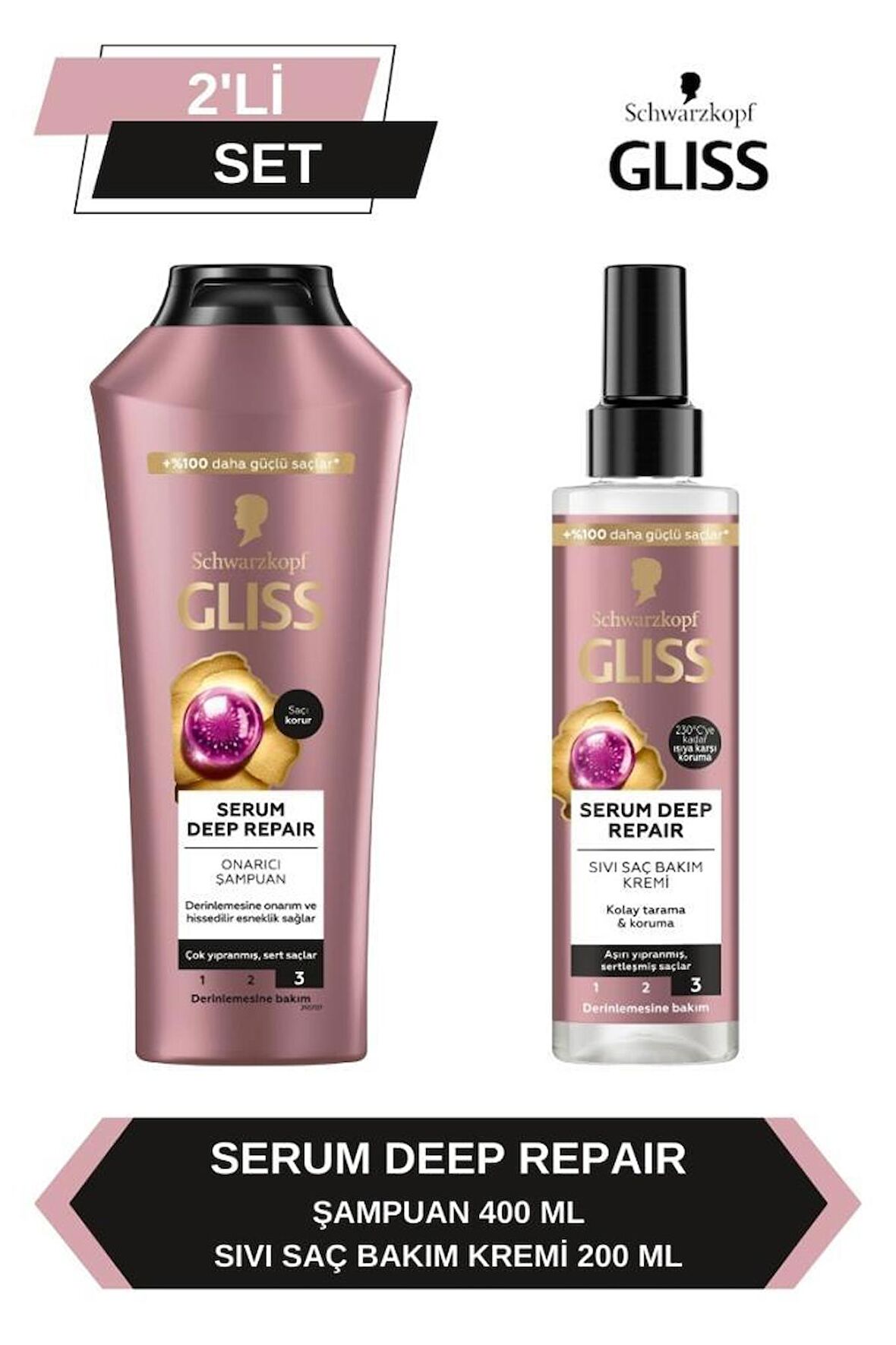 Gliss Serum Deep Repair Onarıcı Şampuan 400 ml ve Durulanmayan Sıvı Saç Kremi 200 ml