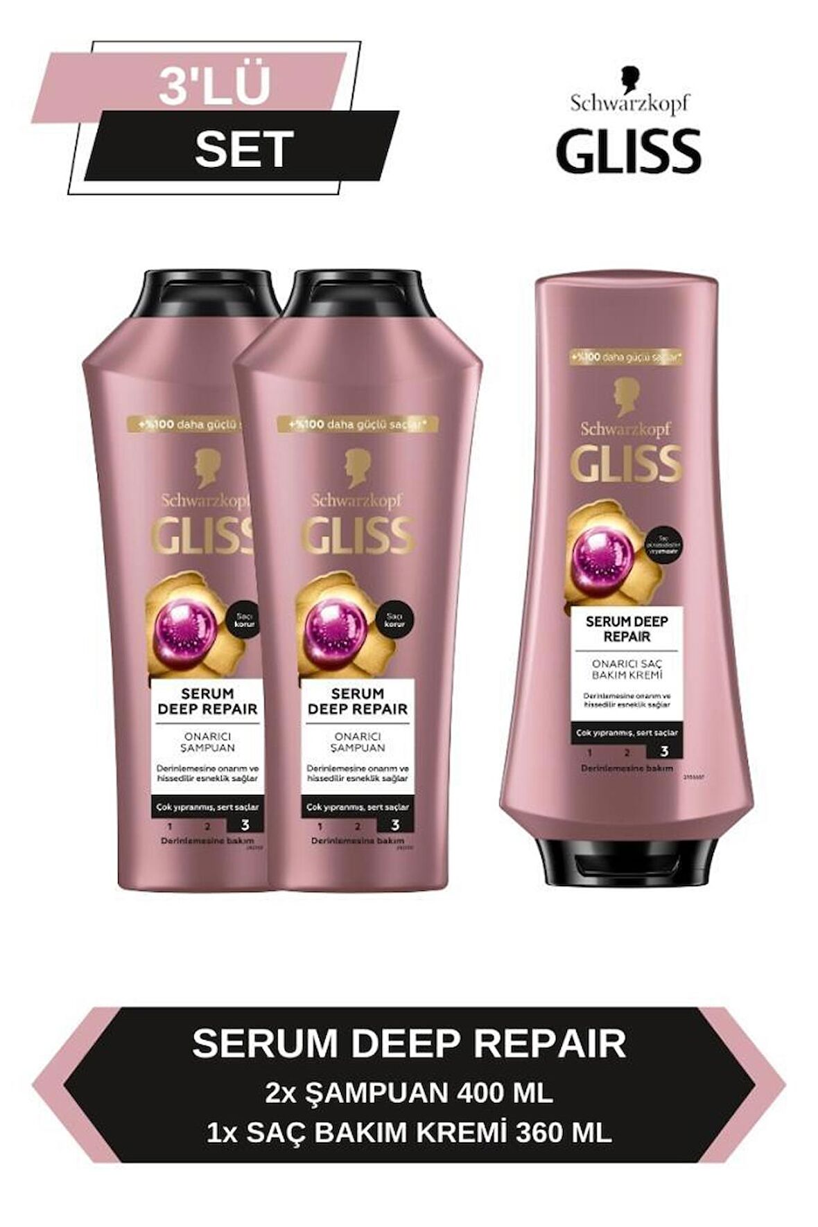 Gliss Serum Deep Repair Şampuan 400 ml x 2 Adet + Saç Kremi 360 ml