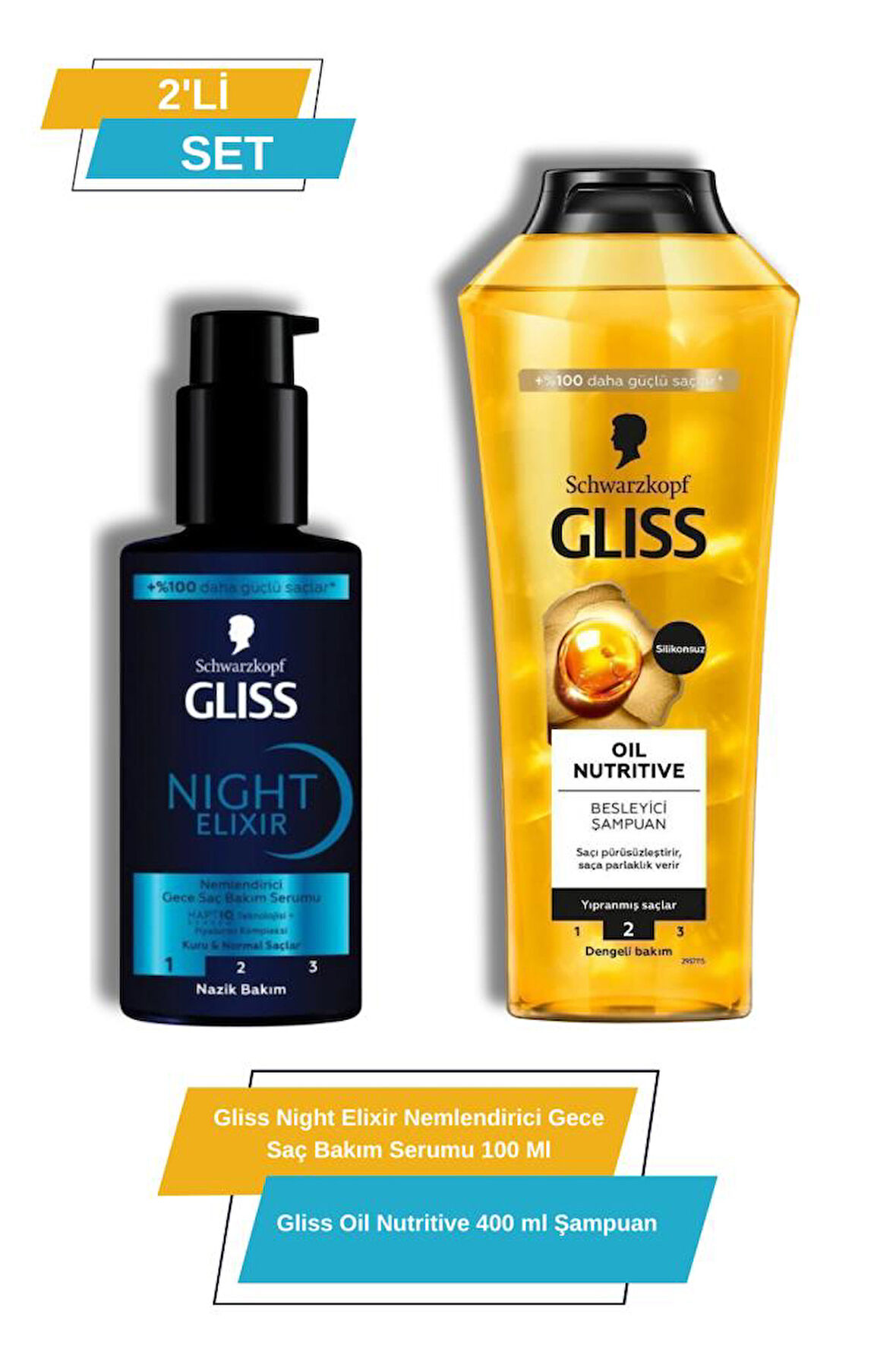 Gliss Night Elixir Nemlendirici Gece Saç Bakım Serumu + Gliss Oil Nutritive 400 ml Şampuan