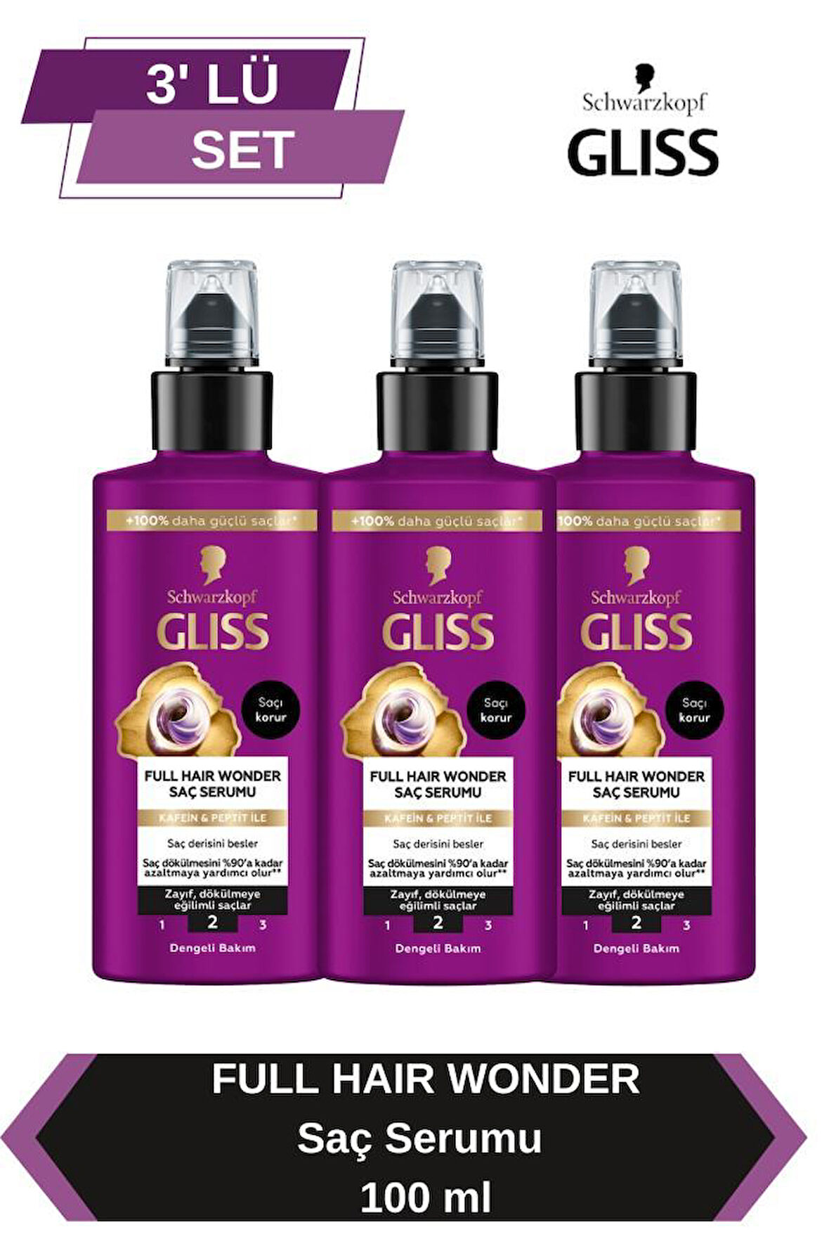 Gliss Full Hair Wonder Dökülme Karşıtı Sıvı Saç Bakım Serumu 100 ml x 3 Adet