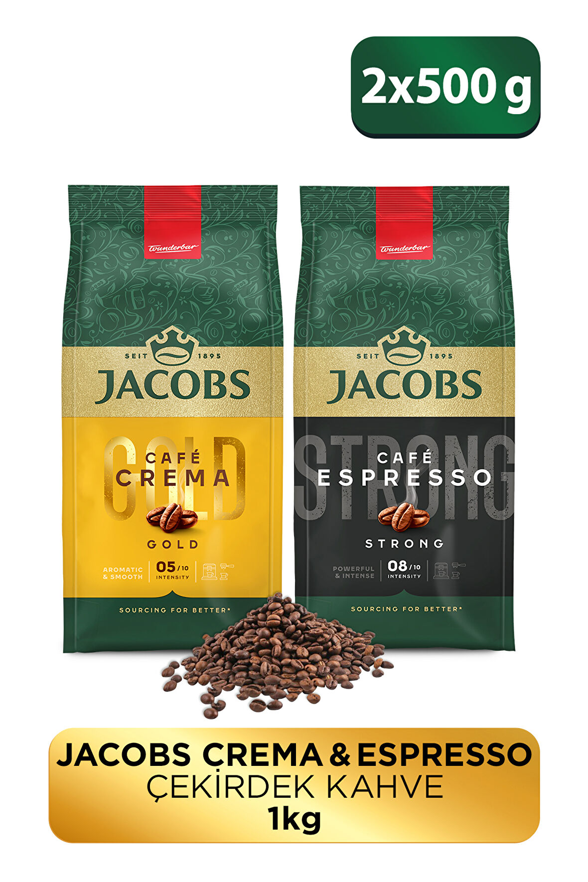 Jacobs ESPRESSO ÇEKİRDEK KAHVE 500GR + CAFE CREMA ÇEKİRDEK KAHVE 500GR