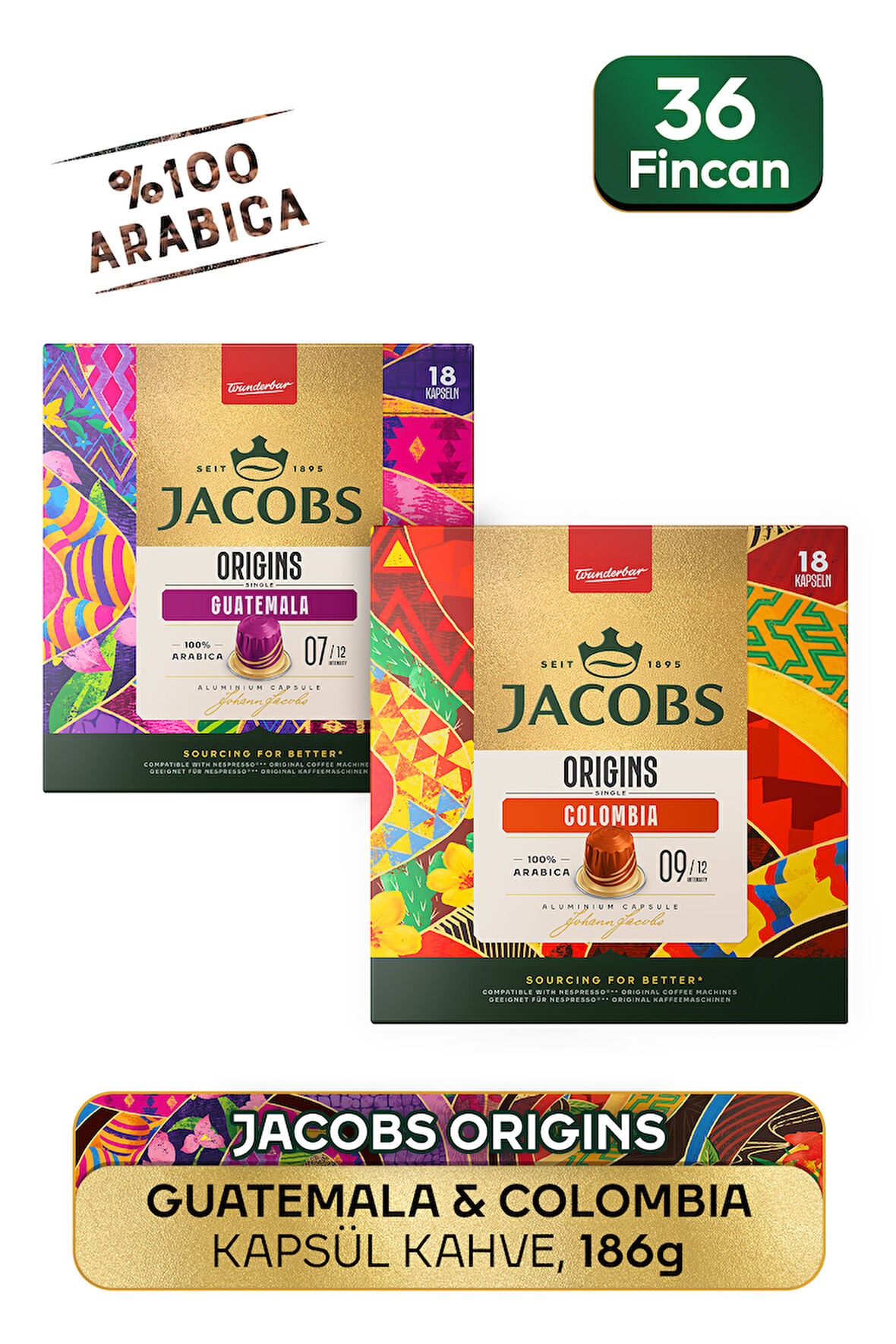 Jacobs Origins Guatemala  + Origins Colombia Nespresso Uyumlu Alüminyum Kapsül Kahve 36 Kapsül