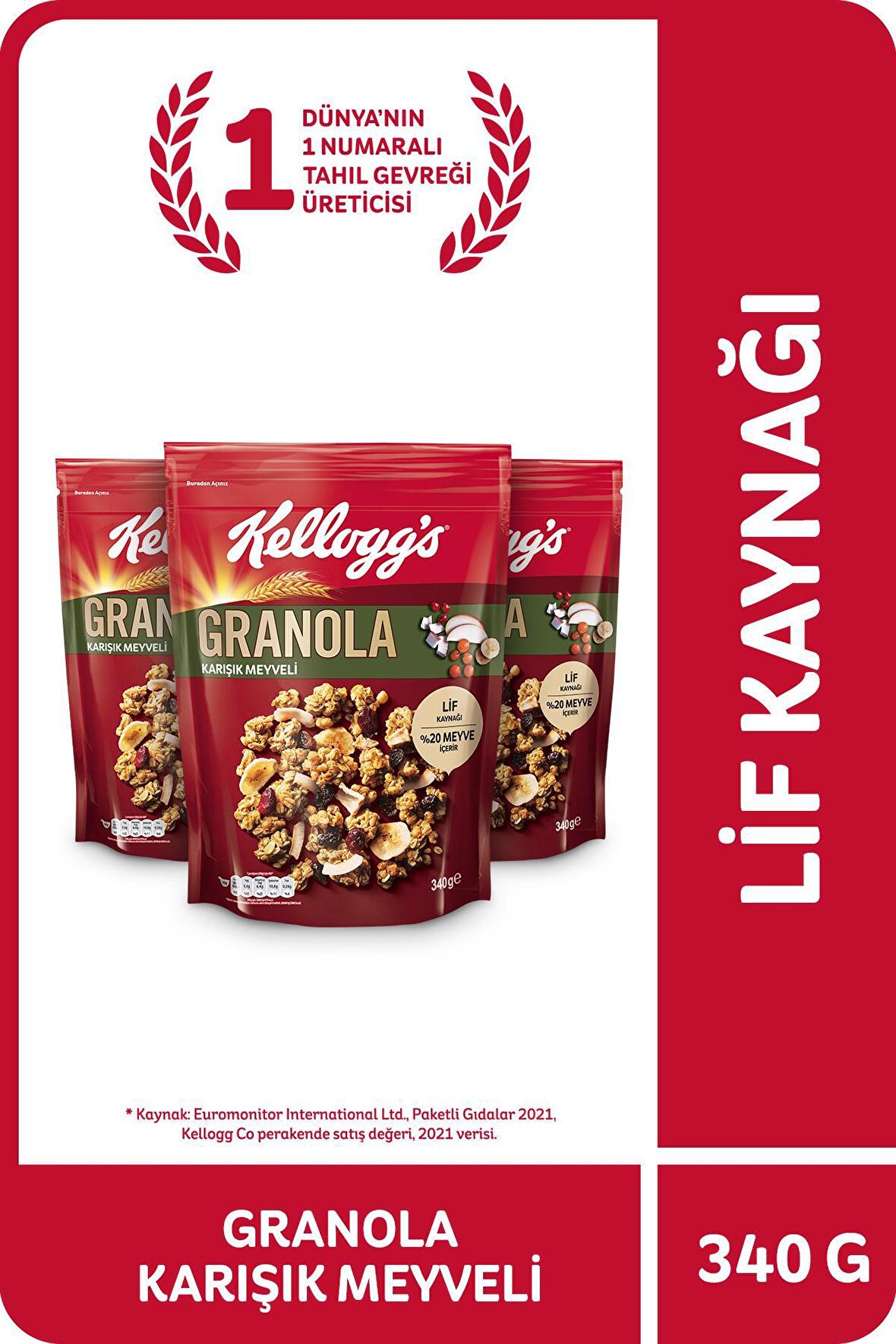 Kellogg's Karışık Meyveli Granola 340 Gr x3 Adet,%45 Yulaf içerir,Lif Kaynağı,%20 Kurutulmuş Meyve