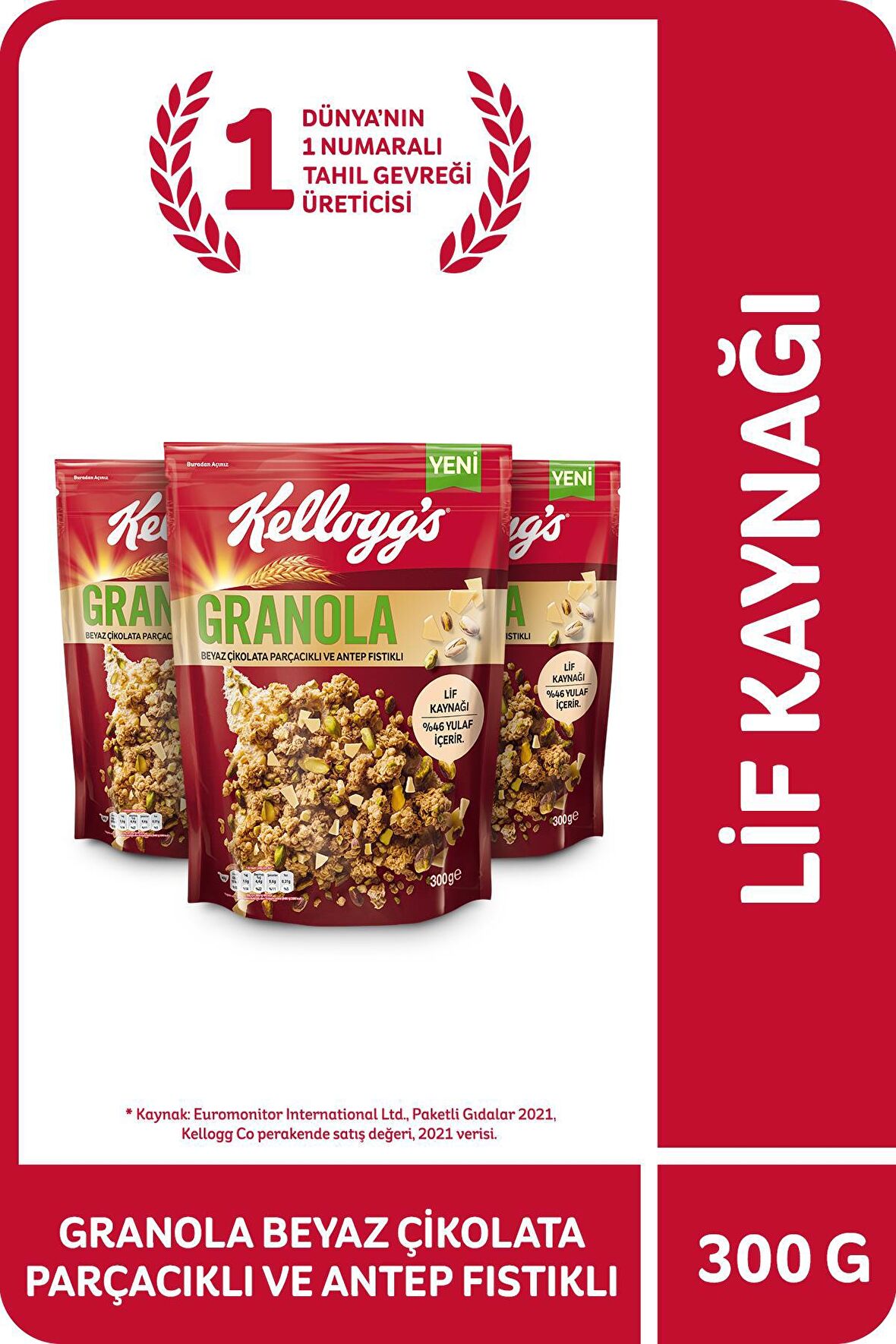 Kellogg's Beyaz Çikolata Parçacıklı&Antep Fıstıklı Granola 300Gr x3Adet,%46 Yulaf içerir,Lif Kaynağı