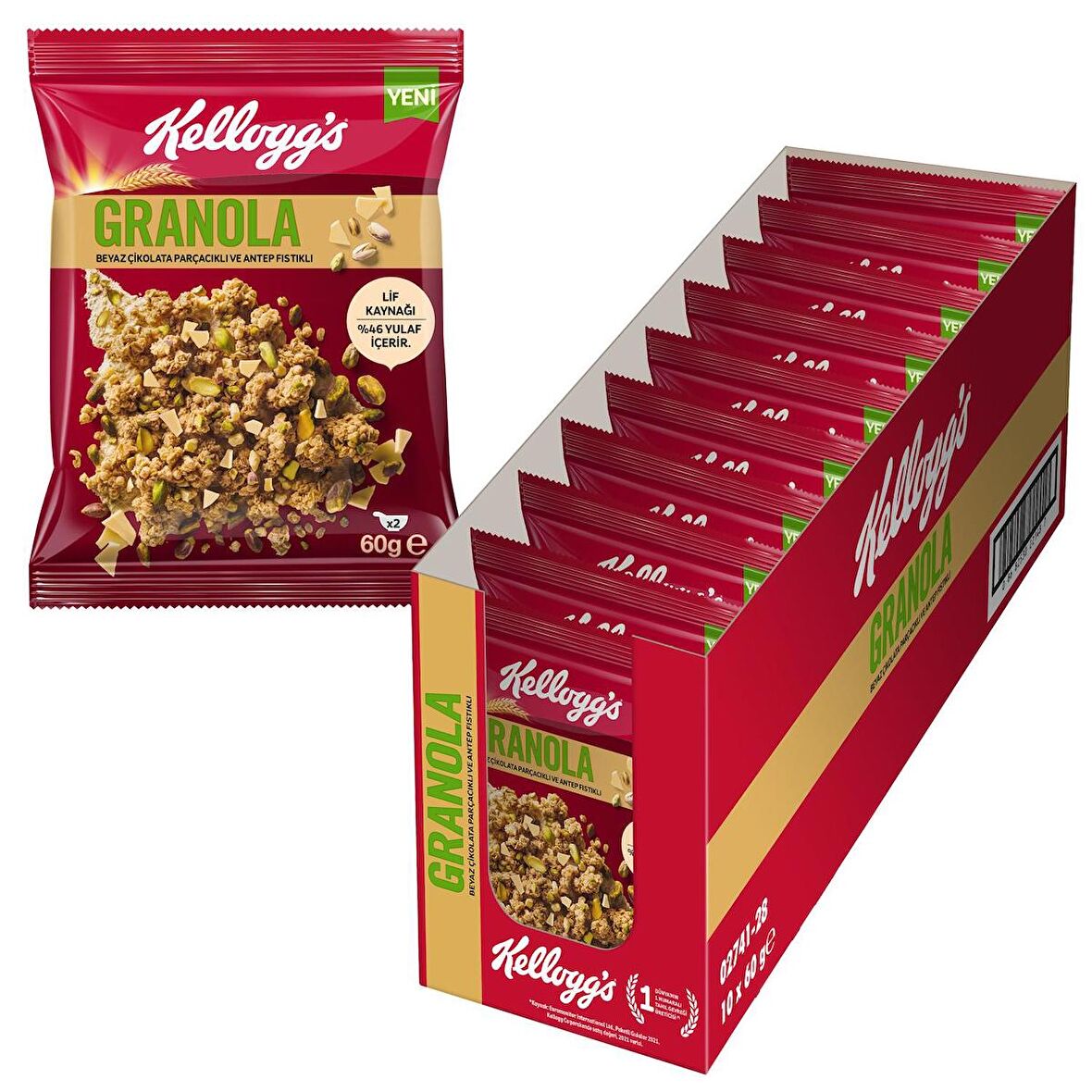 Kellogg's Beyaz Çikolata Parçacıklı&Antep Fıstıklı Granola 60Gr x10Adet,%46 Yulaf içerir,Lif Kaynağı