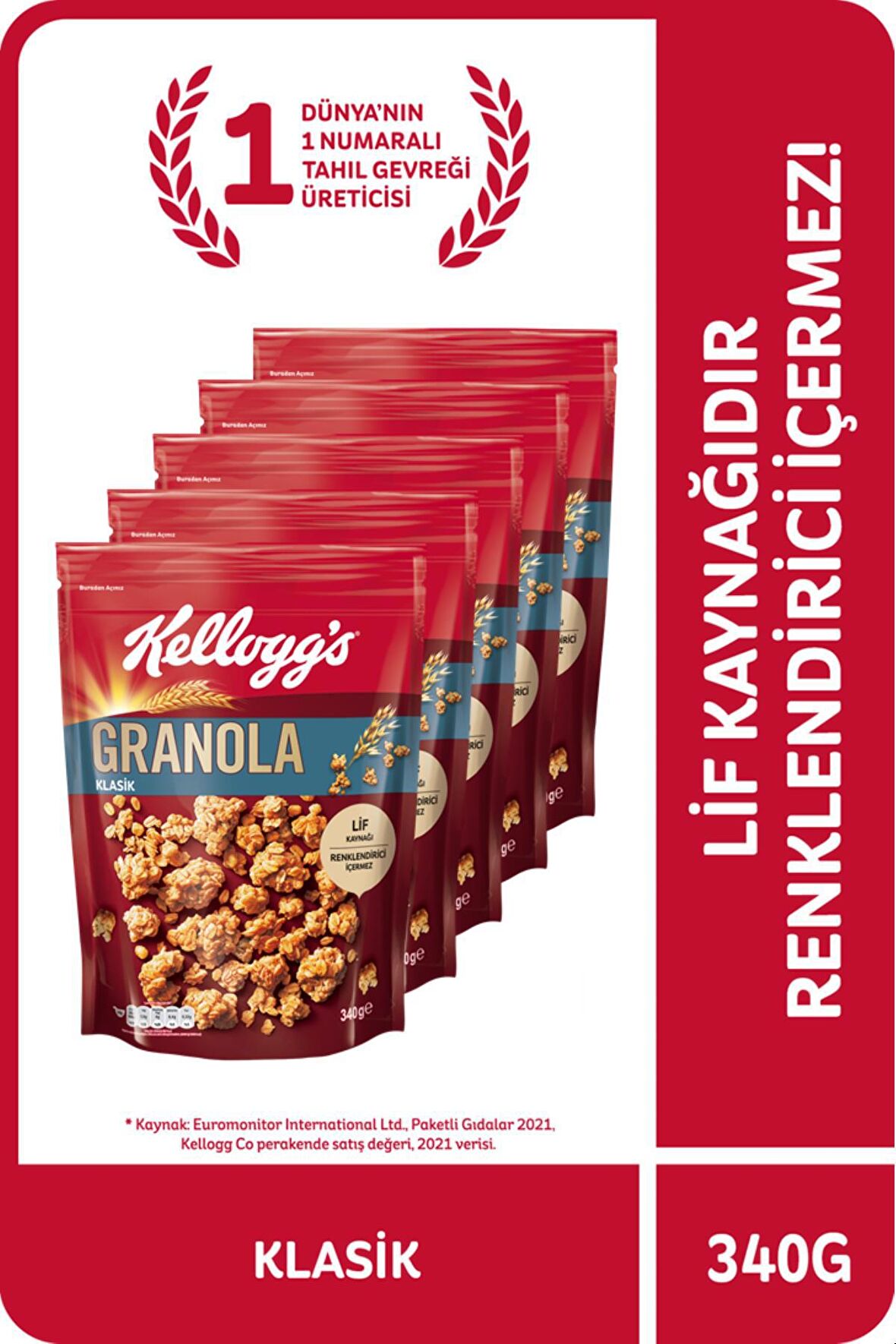 Kellogg's Granola Klasik 340 Gr x 5 Adet, %56 Yulaf içerir, Lif Kaynağı, Kahvaltılık Gevrek