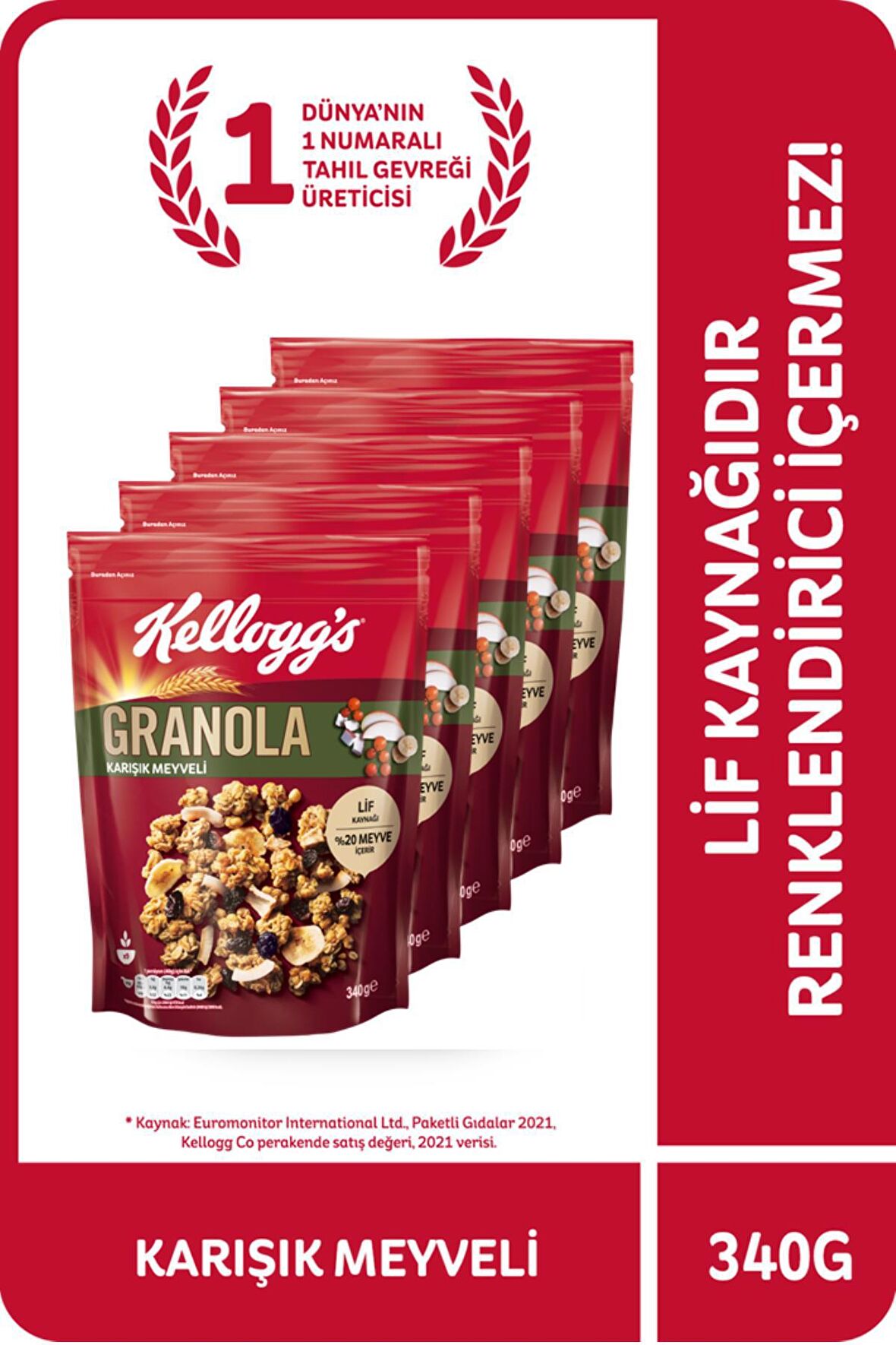 Kellogg's Granola Karışık Meyveli 340 Gr x 5 Adet, %45 Yulaf içerir, Lif Kaynağı, %20 Kurutulmuş Meyve