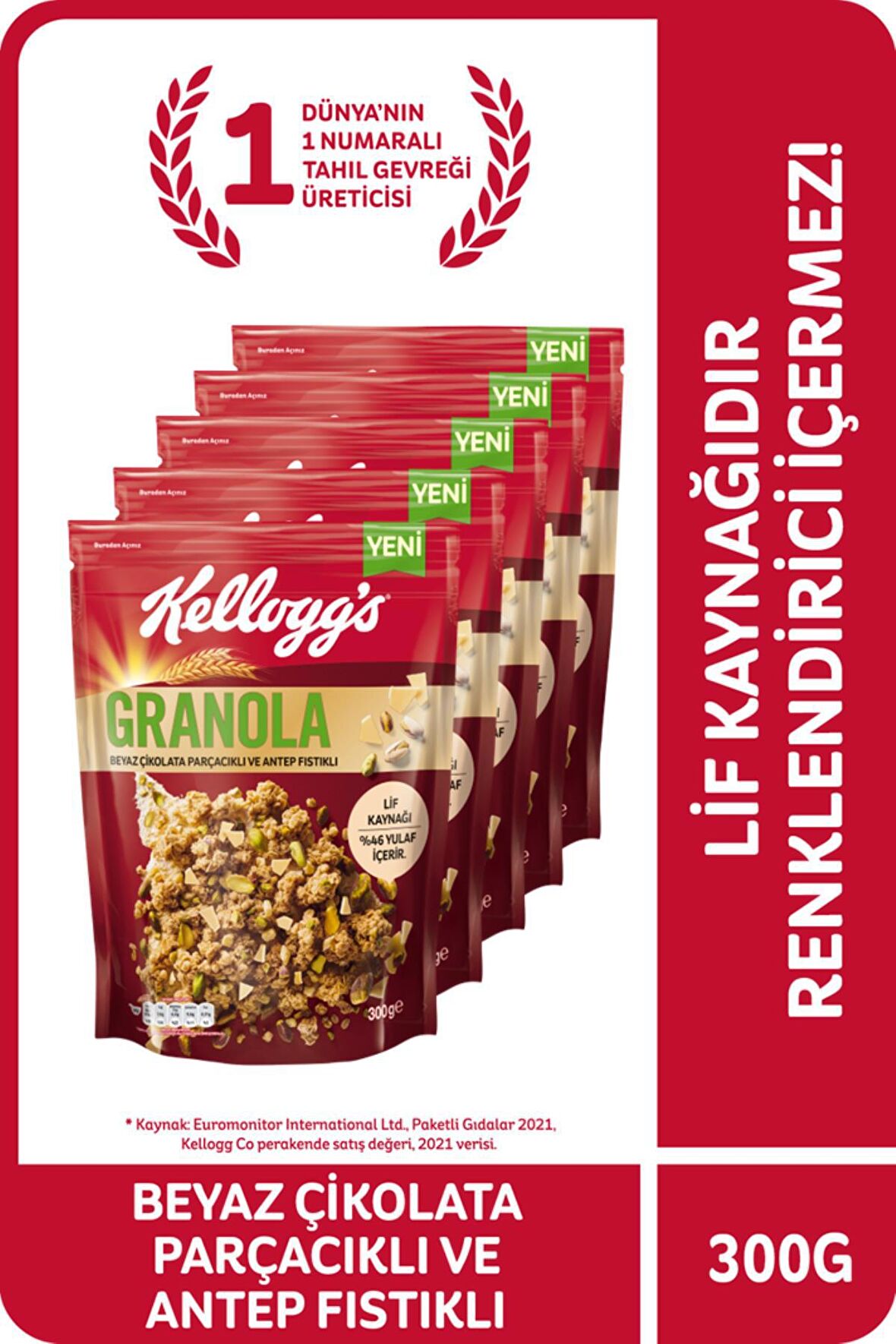 Kellogg's Granola Beyaz Çikolata Parçacıklı&Antep Fıstıklı 300Gr x 5 Adet, %46 Yulaf içerir, Lif Kaynağı