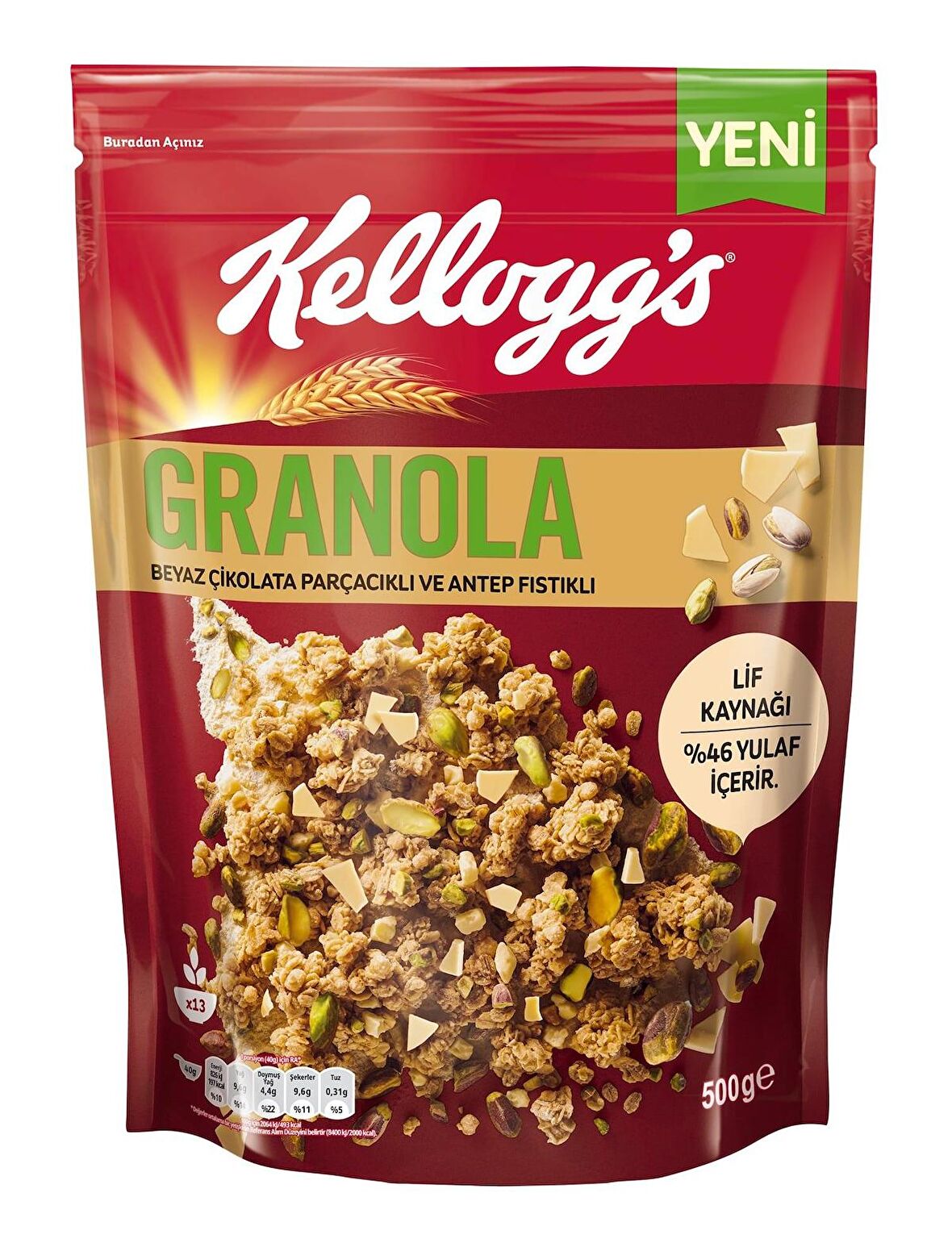 Kellogg's Granola Beyaz Çikolatalı ve Antep Fıstıklı 500 Gr,Granola Kabı Hediye!