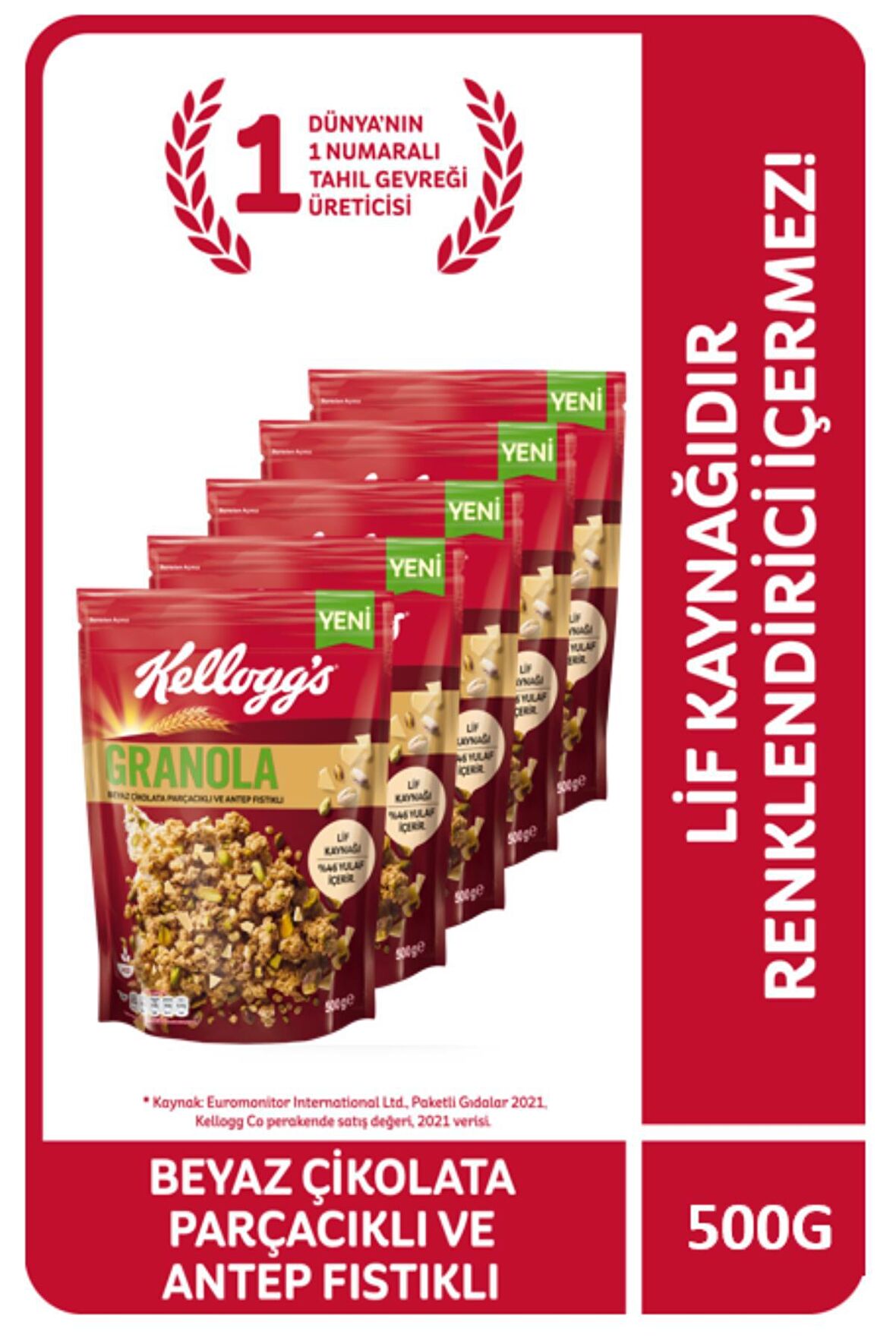 Kellogg's Granola 500 Gr x5 Adet,Avantajlı Paket,Antep Fıstıklı ve Beyaz Çikolata Parçacıklı