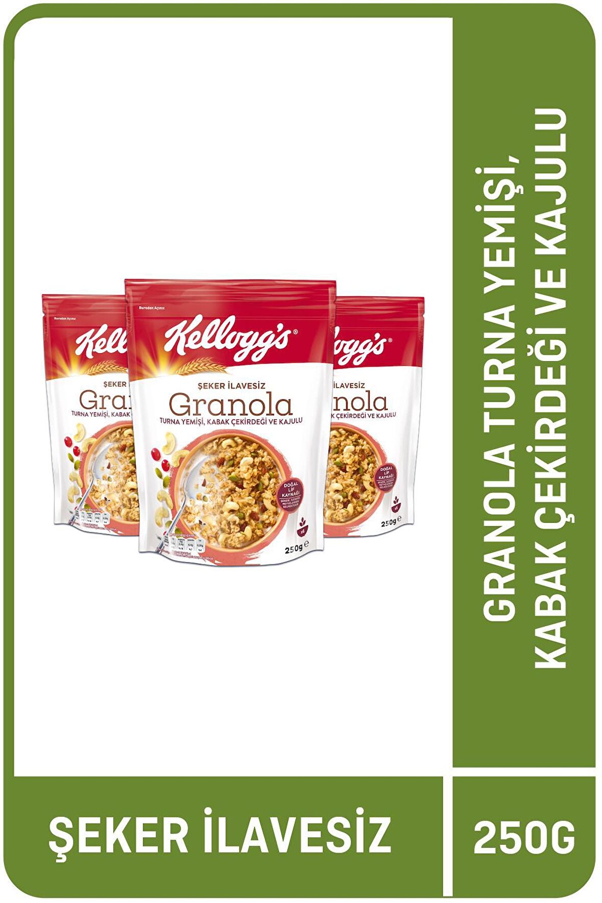 KELLOGG'S ŞEKER İLAVESİZ GRANOLA TURNA YEMİŞİ, KABAK ÇEKİRDEĞİ VE KAJULU  250 GR  x3 ADET ,%42 YULAF İÇERİR, LİF KAYNAĞI