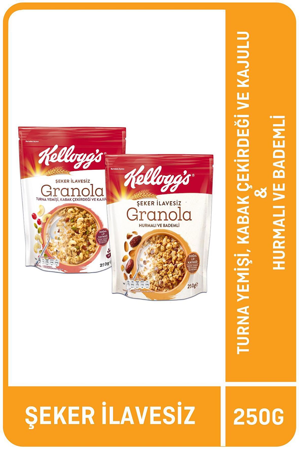 KELLOGG'S ŞEKER İLAVESİZ GRANOLA PAKETİ, TURNA YEMİŞİ, KABAK ÇEKİRDEĞİ VE KAJULU & HURMALI VE BADEMLİ 250 GRAM, LİF KAYNAĞI