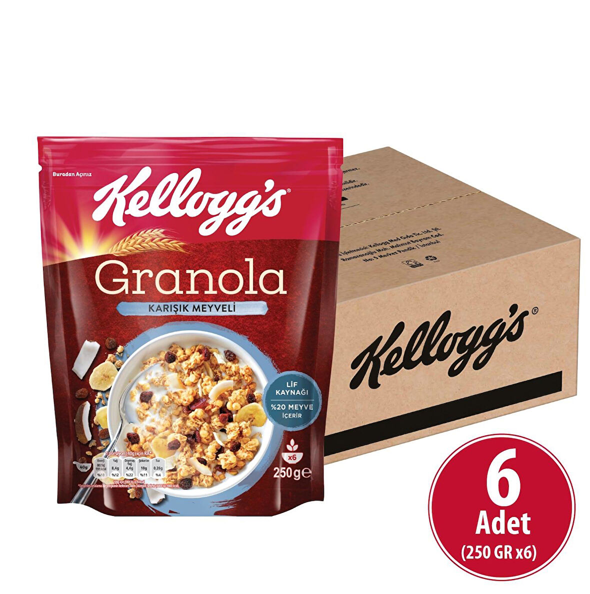 Karışık Meyveli Granola 250 Gr x 6 Adet, %45 Yulaf Içerir, Lif Kaynağı, %20 Kurutulmuş Meyve