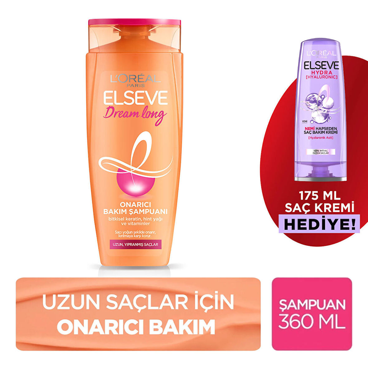 L'Oreal Paris Elseve Dream Long Onarıcı Bakım Şampuanı 360ml & 175 ml Hyaluron Saç Kremi