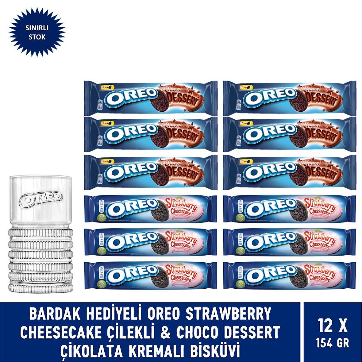 Bardak Hediyeli-Oreo Strawberry Cheesecake & Choco Dessert Çikolatalı Kremalı Bisküvi 154 gr-12 Adet