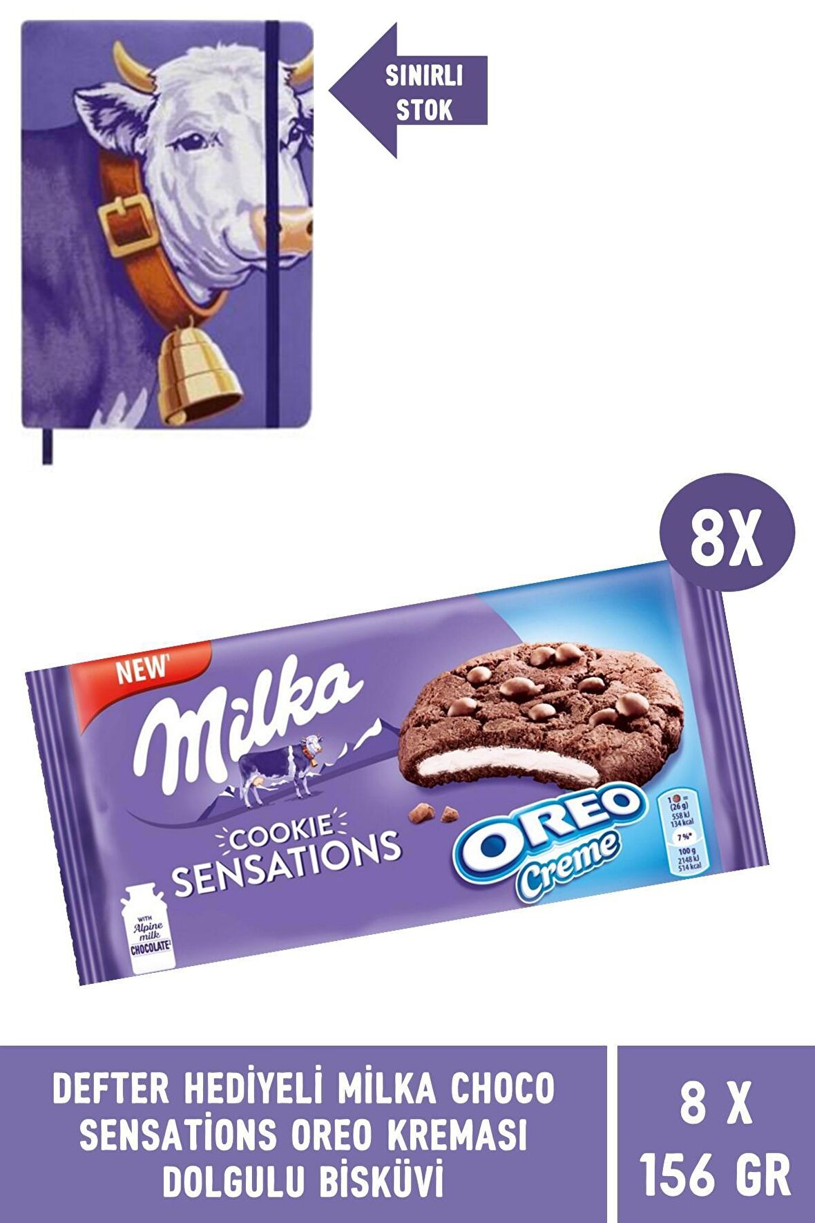 Defter Hediyeli Milka Choco Sensations Oreo Kremalı Bisküvi 156 gr- 8 Adet