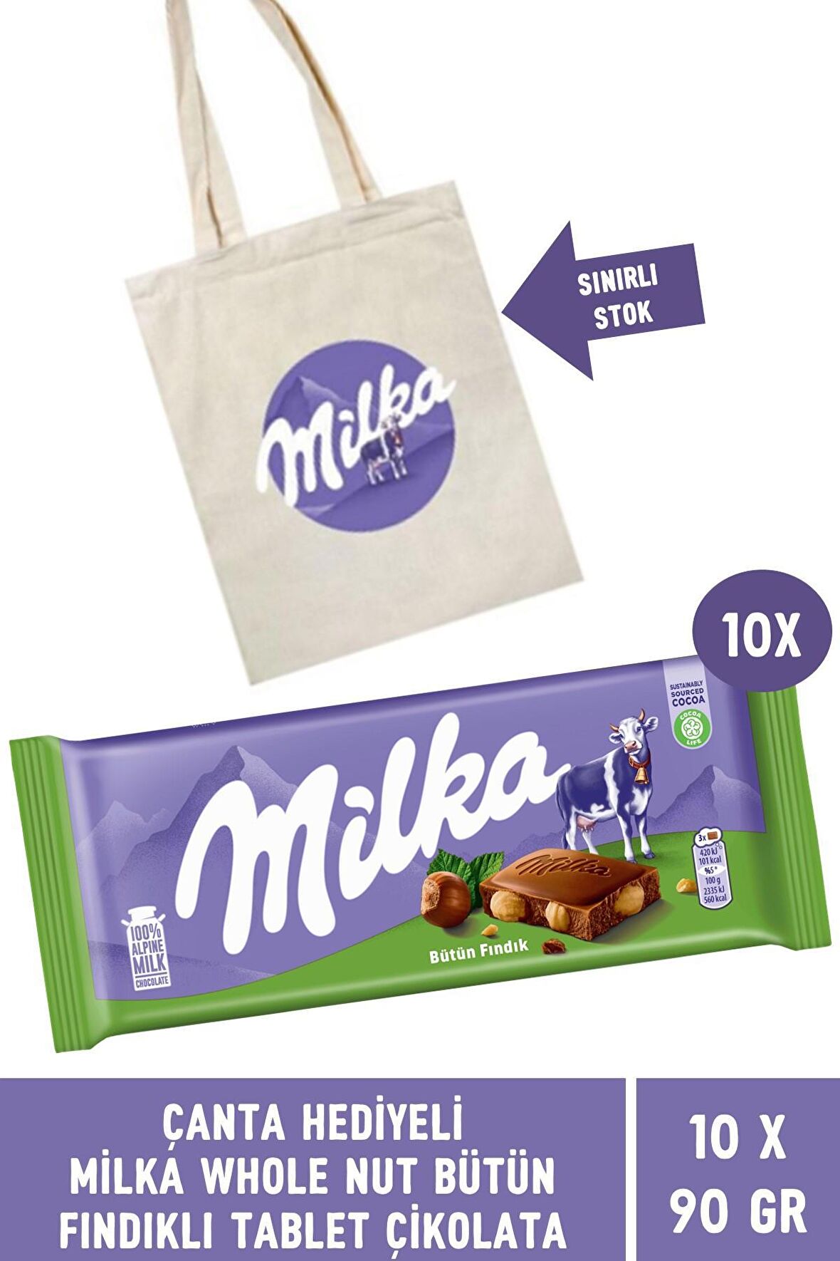 Çanta Hediyeli Milka Whole Nut Fındık Tablet Çikolata 90 gr - 10 Adet