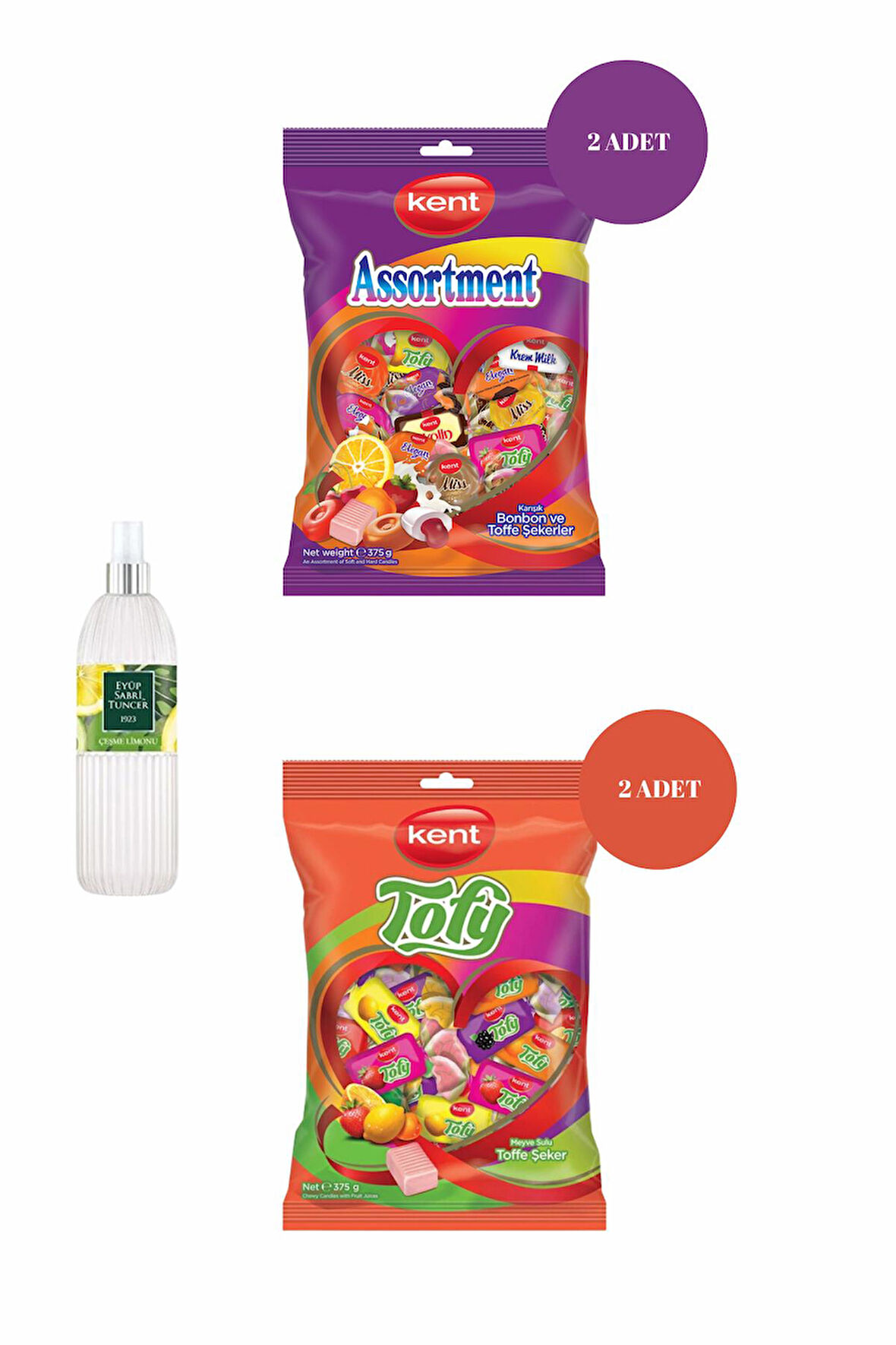 Kent Assortment Karışık (375 g)*2 + Kent Tofy Meyveli Bayram Şekeri (375 g)*2 + Kolonya