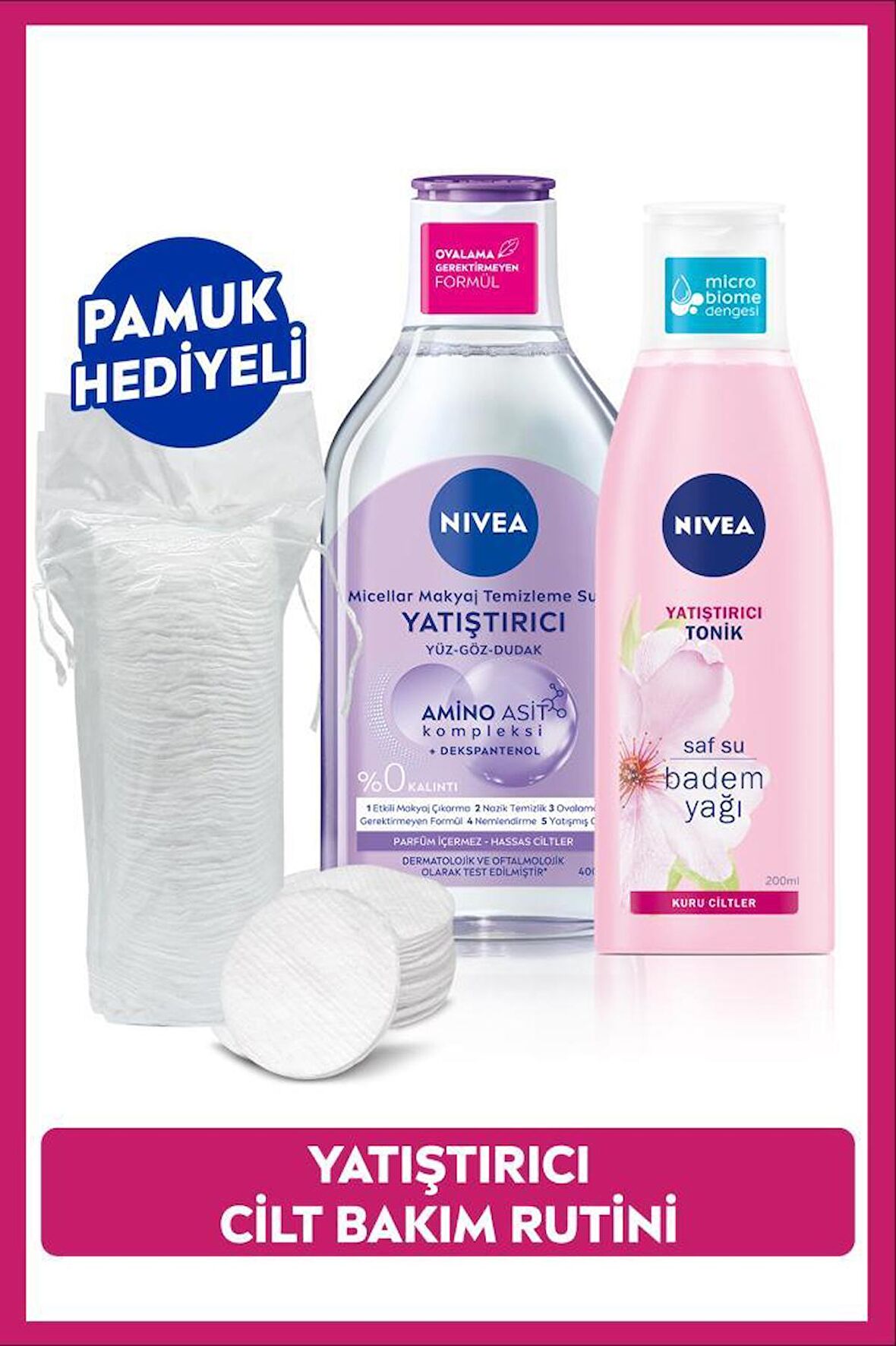 Yatıştırıcı Micellar Makyaj Temizleme Suyu 400ml ve Yatıştırıcı Tonik 200ml, Pamuk Hediye