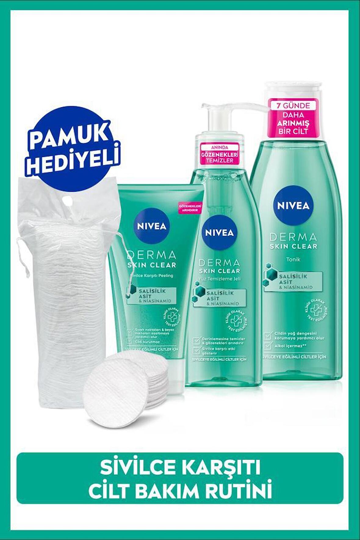 Derma Skin Clear Niasinamid Yüz Temizleme Jeli 150ml, Tonik 200ml ve Peeling 150ml, Pamuk Hediyeli