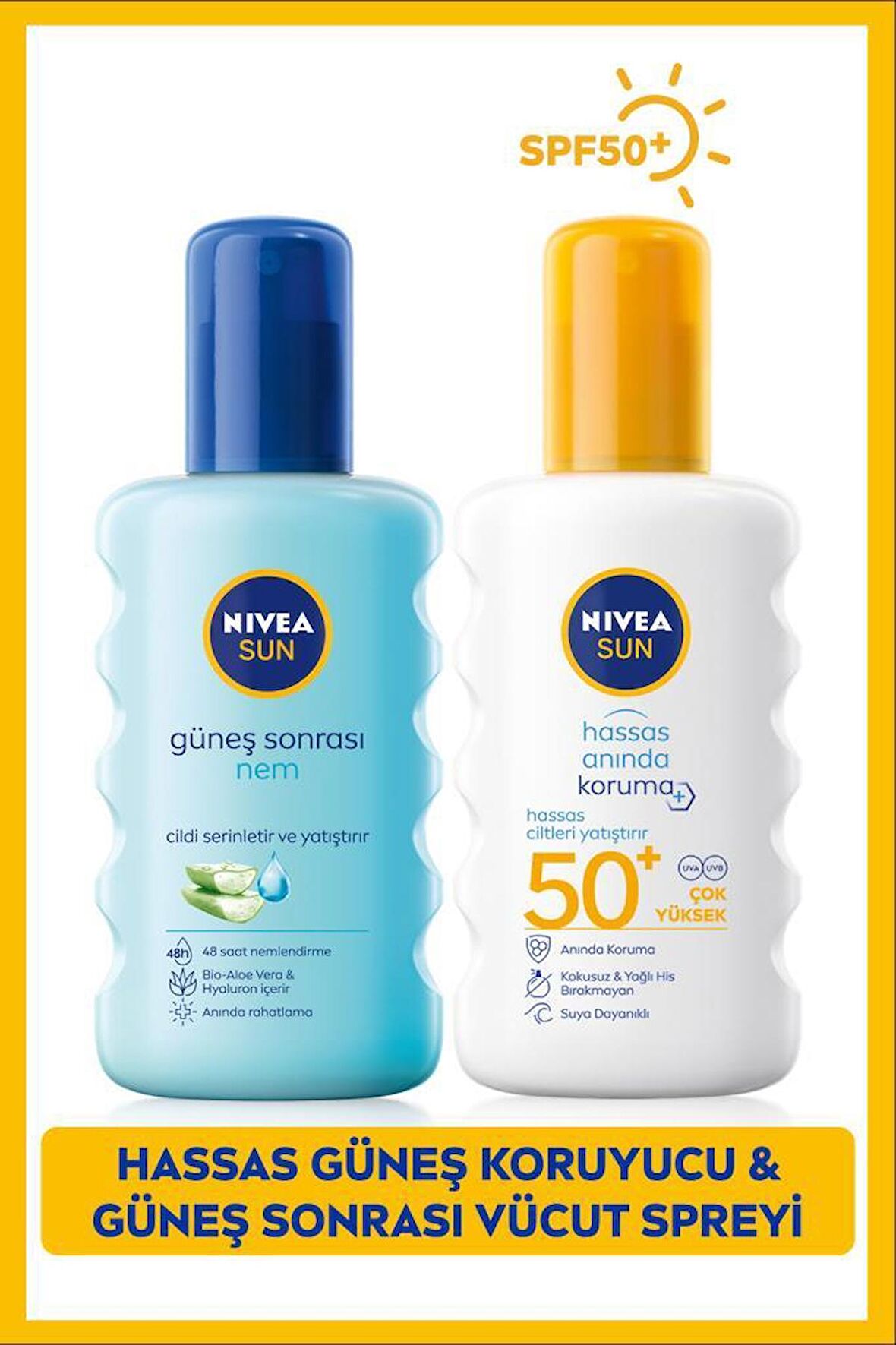 SUN Hassas Yüksek Güneş Koruyucu Sprey SPF50 200ml, Nemlendirici Güneş Sonrası Spreyi 200ml