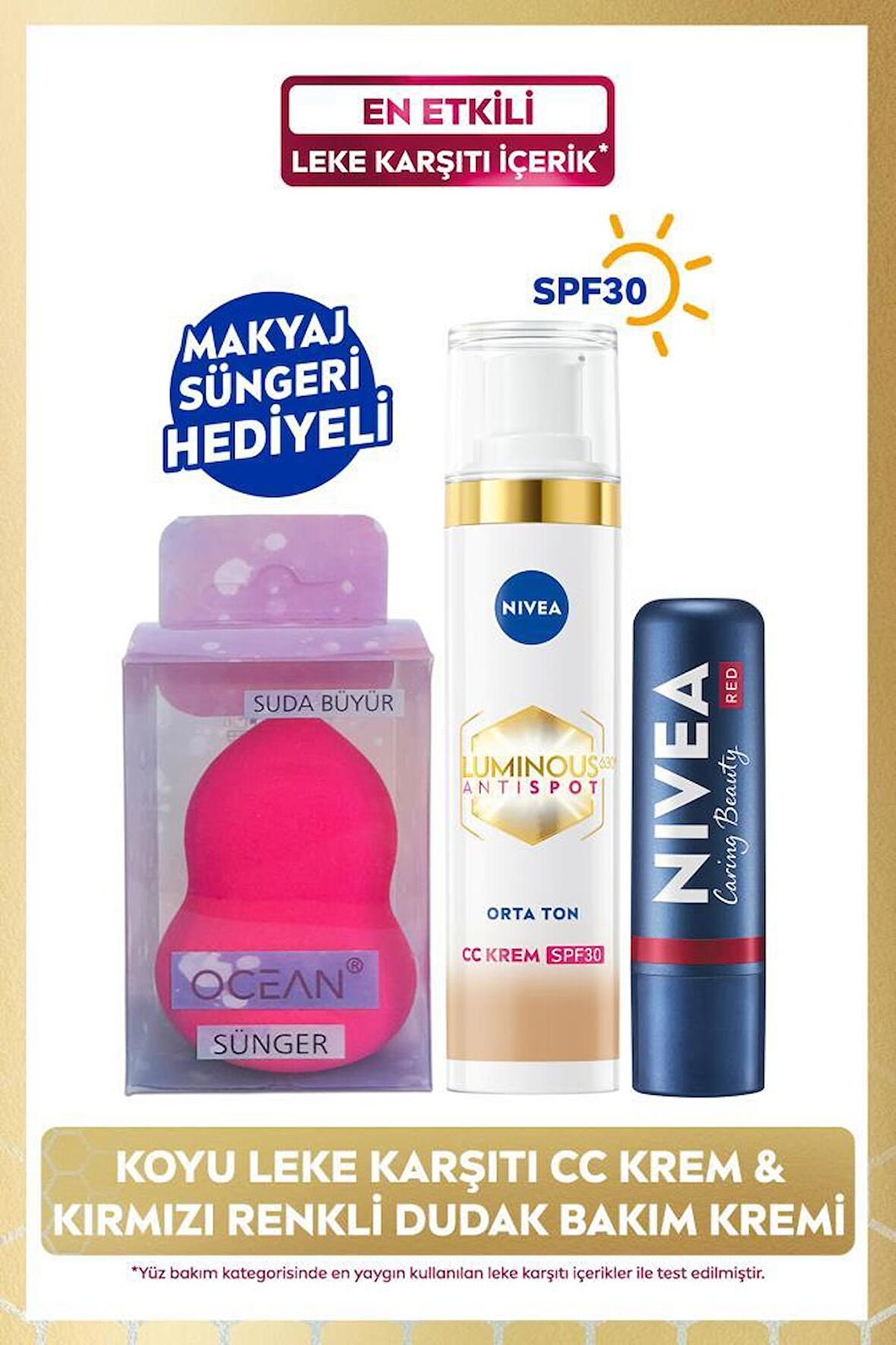 Luminous630 Leke Karşıtı CC Krem SPF30 40ml, Orta Ton, Kırmızı Dudak Bakım Kremi, Sünger Hediye