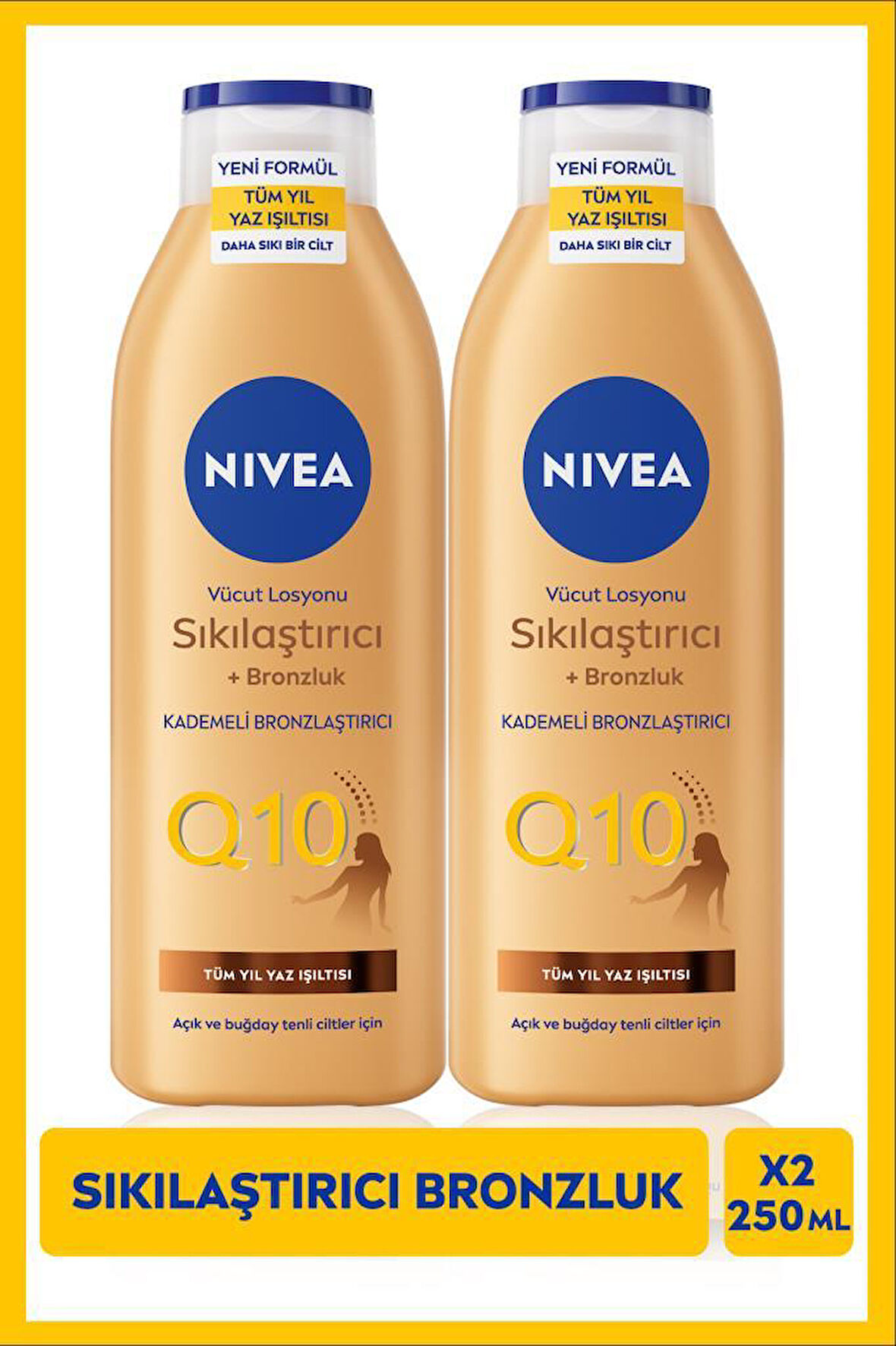NIVEA Q10 Sıkılaştırıcı Ve Bronzlaştırıcı Vücut Losyonu 250ml, Kademeli Bronzluk, Açık Buğday Ten, X2 Adet