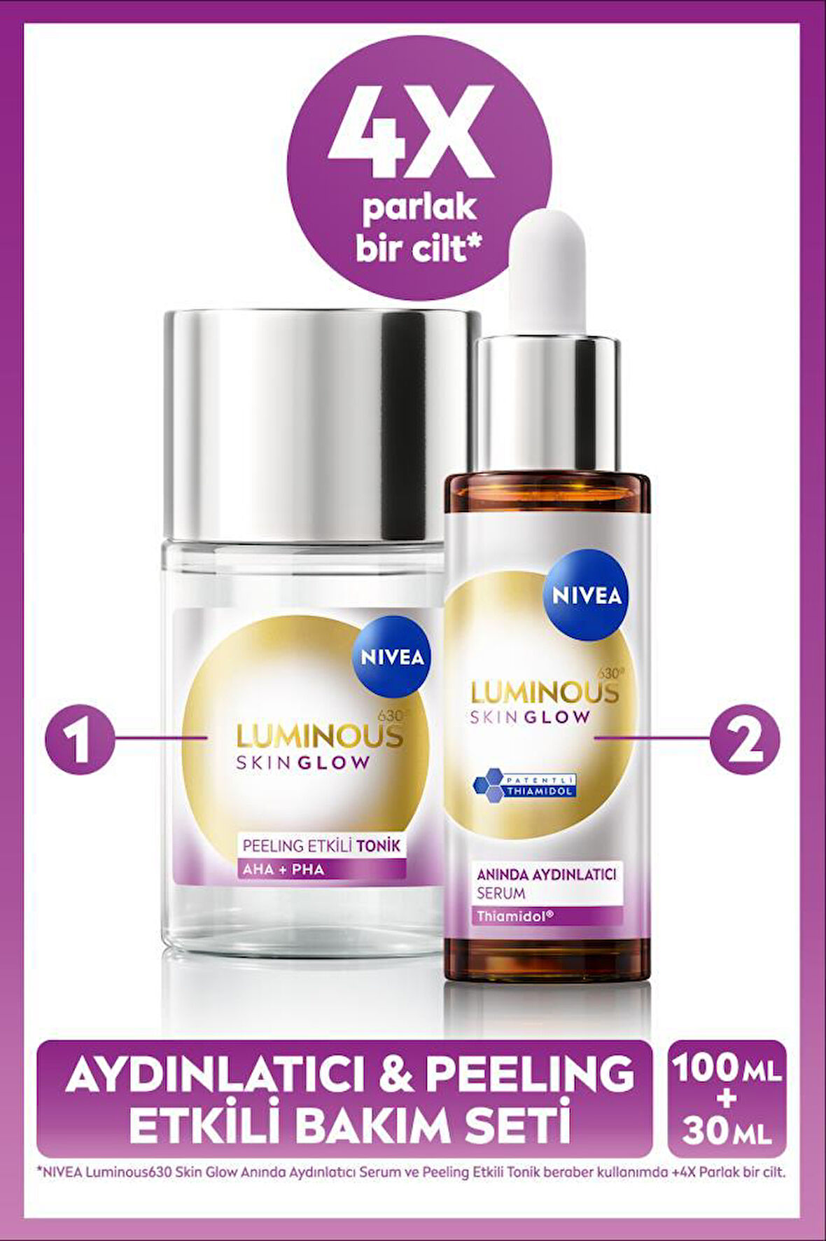 Luminous630 Skin Glow Anında Aydınlatıcı Serum 30ml ve Peeling Etkili Tonik 100ml, Eşit Cilt Tonu