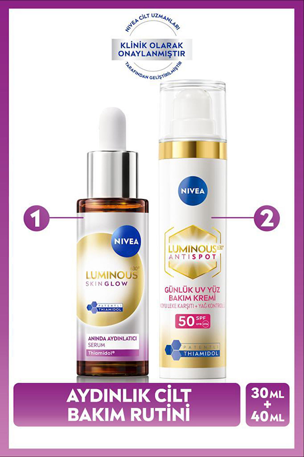 SPF50 Luminous630 Leke Karşıtı Gündüz Yüz Güneş Kremi 40ml ve Skin Glow Anında Aydınlatıcı Serum30ml