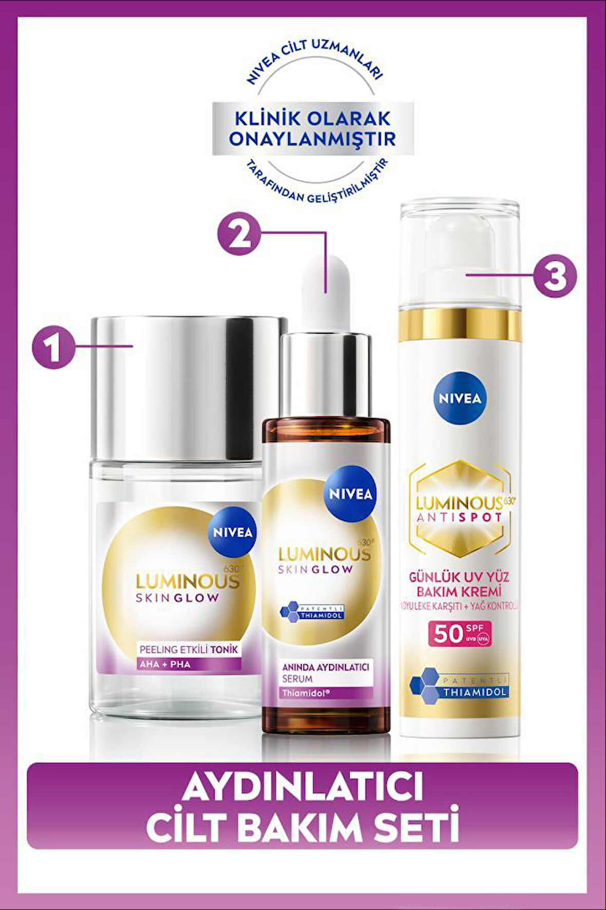 SPF50 Luminous630 Leke Karşıtı Gündüz Yüz Kremi 40ml,Skin Glow Aydınlatıcı Serum 30ml ve Tonik 100ml