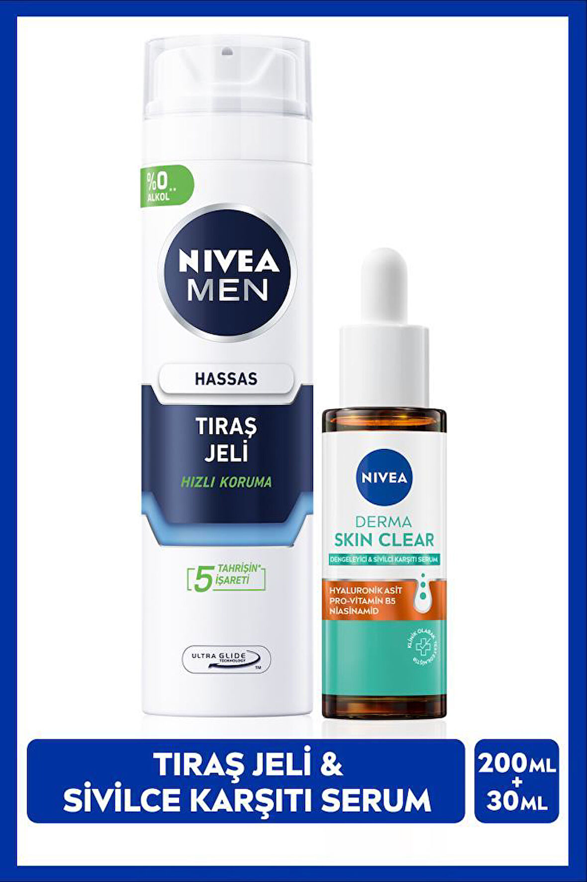 MEN Erkek Hassas Tıraş Jeli 200ml ve Derma Skin Clear Sivilce Karşıtı Serum 30ml, Cilt Bakım Seti