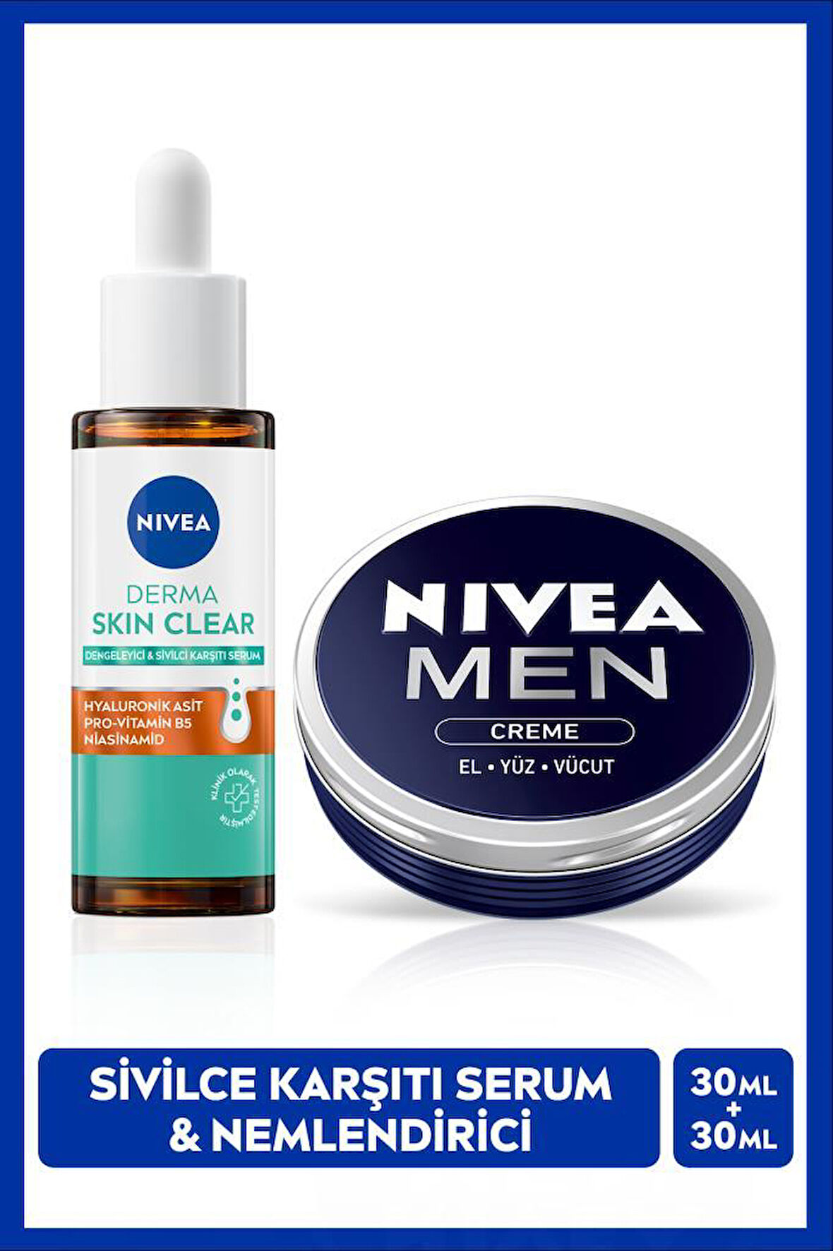 MEN Erkek Nemlendirici Creme 30ml ve Derma Skin Clear Sivilce Karşıtı Serum 30ml, Cilt Bakım Seti
