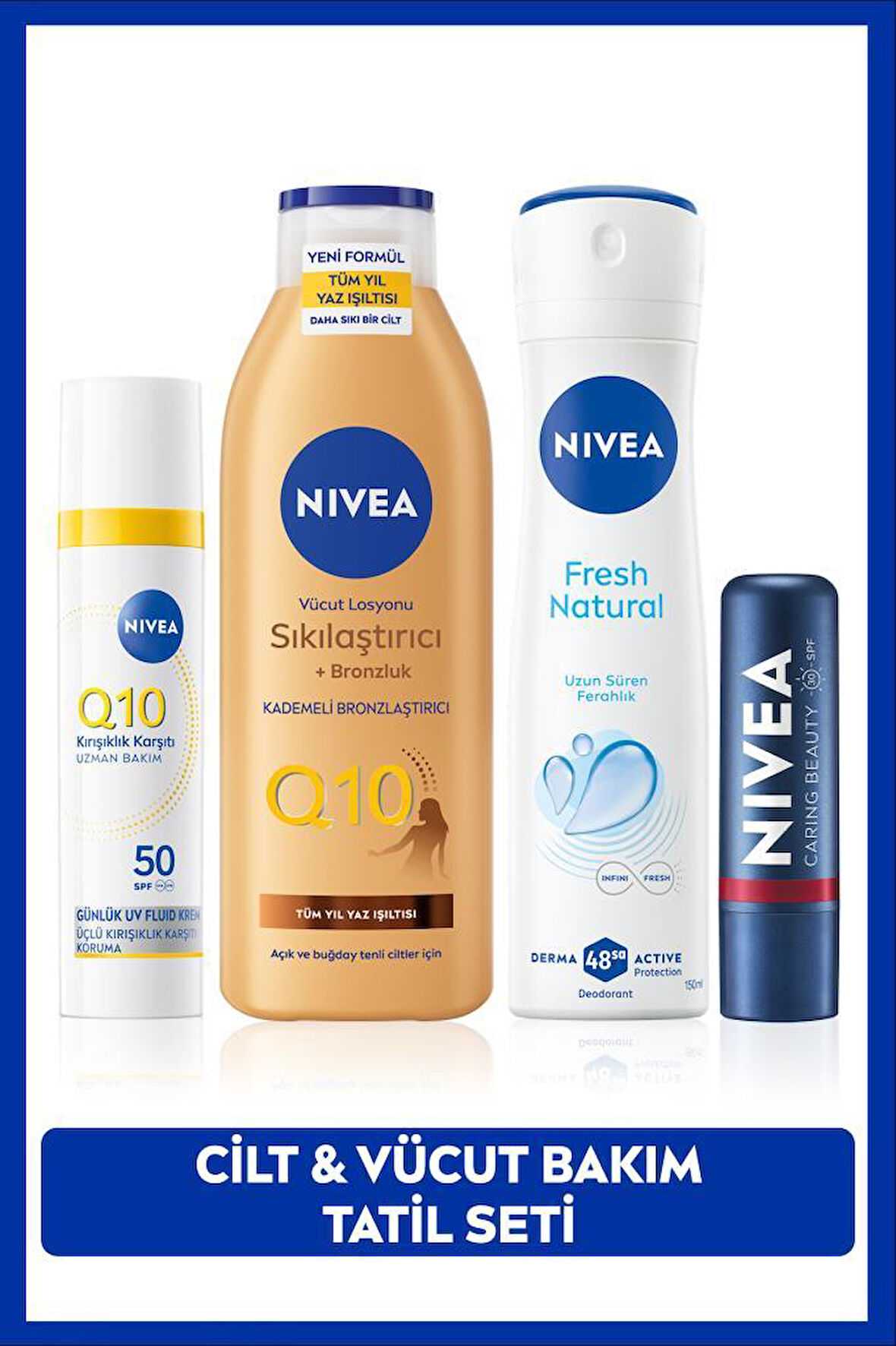 Q10 SPF50 Gündüz Yüz Krem 40ml, Sıkılaştırıcı Bronzluk Losyon 250ml,Kırmızı Dudak Kremi ve Deodorant