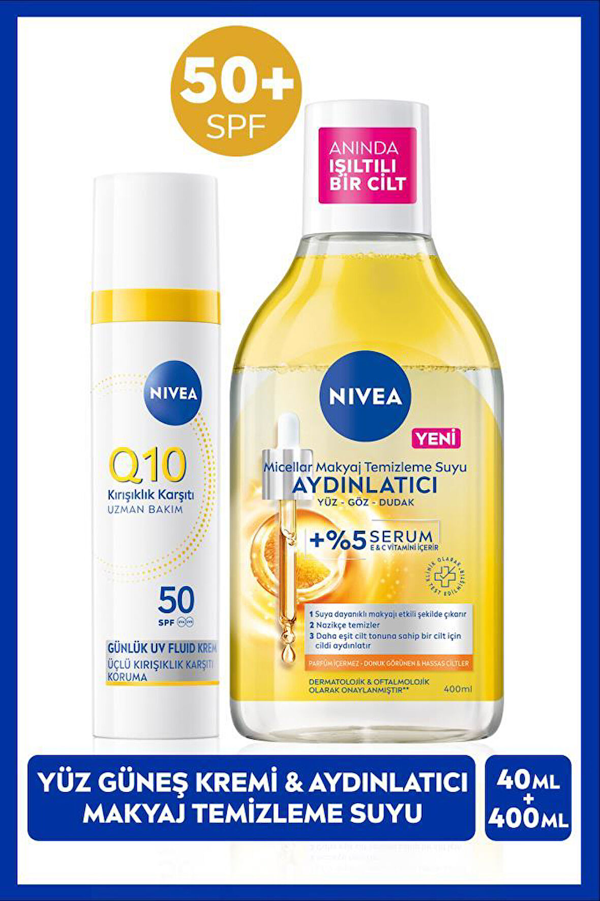 Q10 SPF50 Güneş Koruyucu Yüz Bakım Kremi 40ml ve Aydınlatıcı Micellar Makyaj Temizleme Suyu 400ml