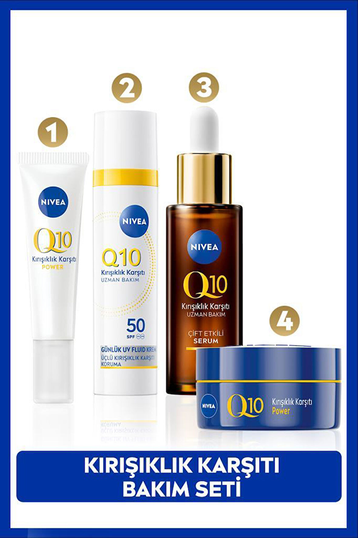 Q10 SPF50 Güneş Koruyucu Yüz Bakım Kremi 40ml, Kırışıklık Karşıtı Serum 30ml,Göz Kremi ve Gece Kremi