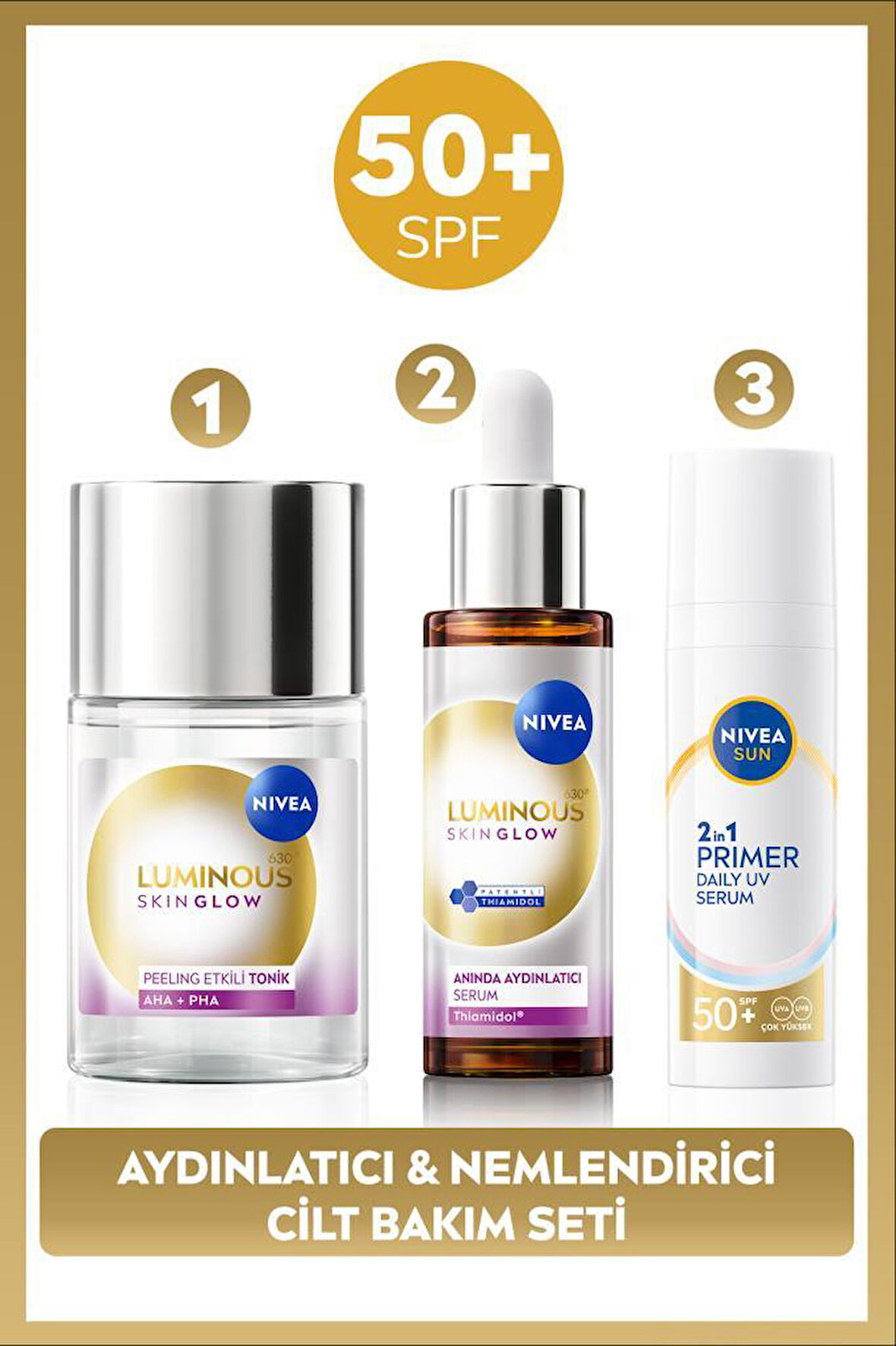 SUN SPF50 Primer Nemlendirici Makyaj Bazı 30ml, Luminous630 Skin Glow Cilt Serum 30ml ve Tonik 100ml