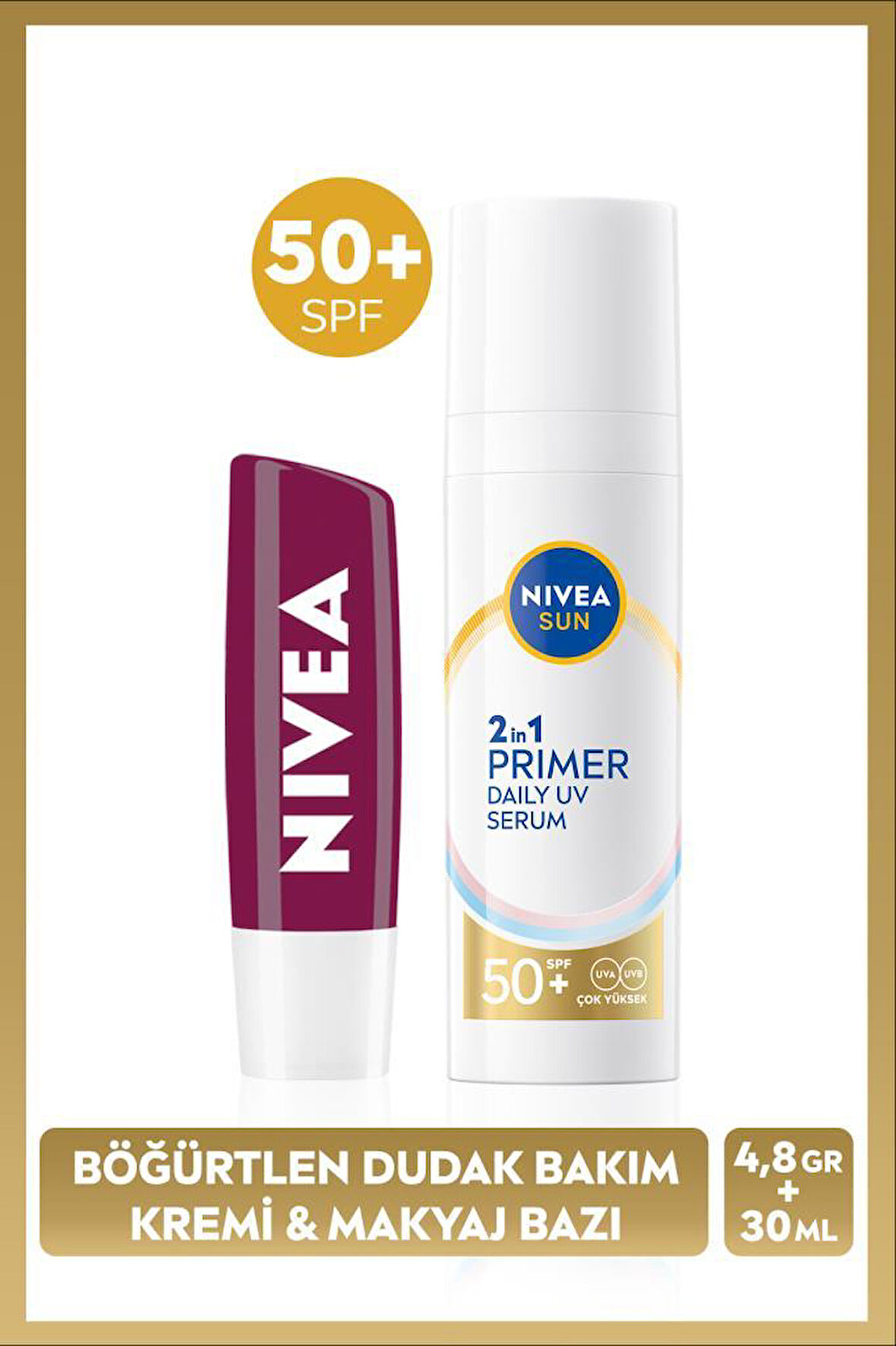 SUN SPF50 Primer Nemlendirici Makyaj Bazı 30ml ve Böğürtlen Nemlendirici Dudak Kremi ve Parlatıcısı
