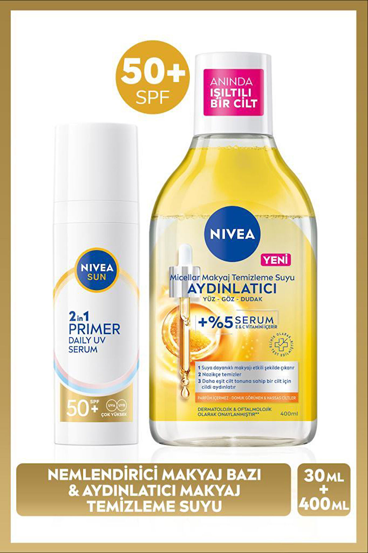 SUN SPF50 Güneş Koruyucu Primer Nemlendirici Makyaj Bazı 30ml ve Micellar Makyaj Temizleme Suyu400ml