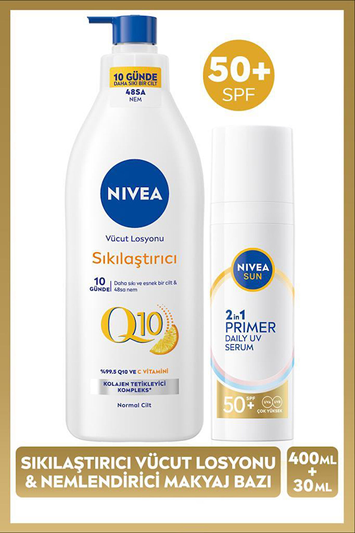 SUN SPF50 Güneş Koruyucu Nemlendirici Primer Makyaj Bazı 30ml ve Q10 Sıkılaştırıcı Vücut Losyon400ml