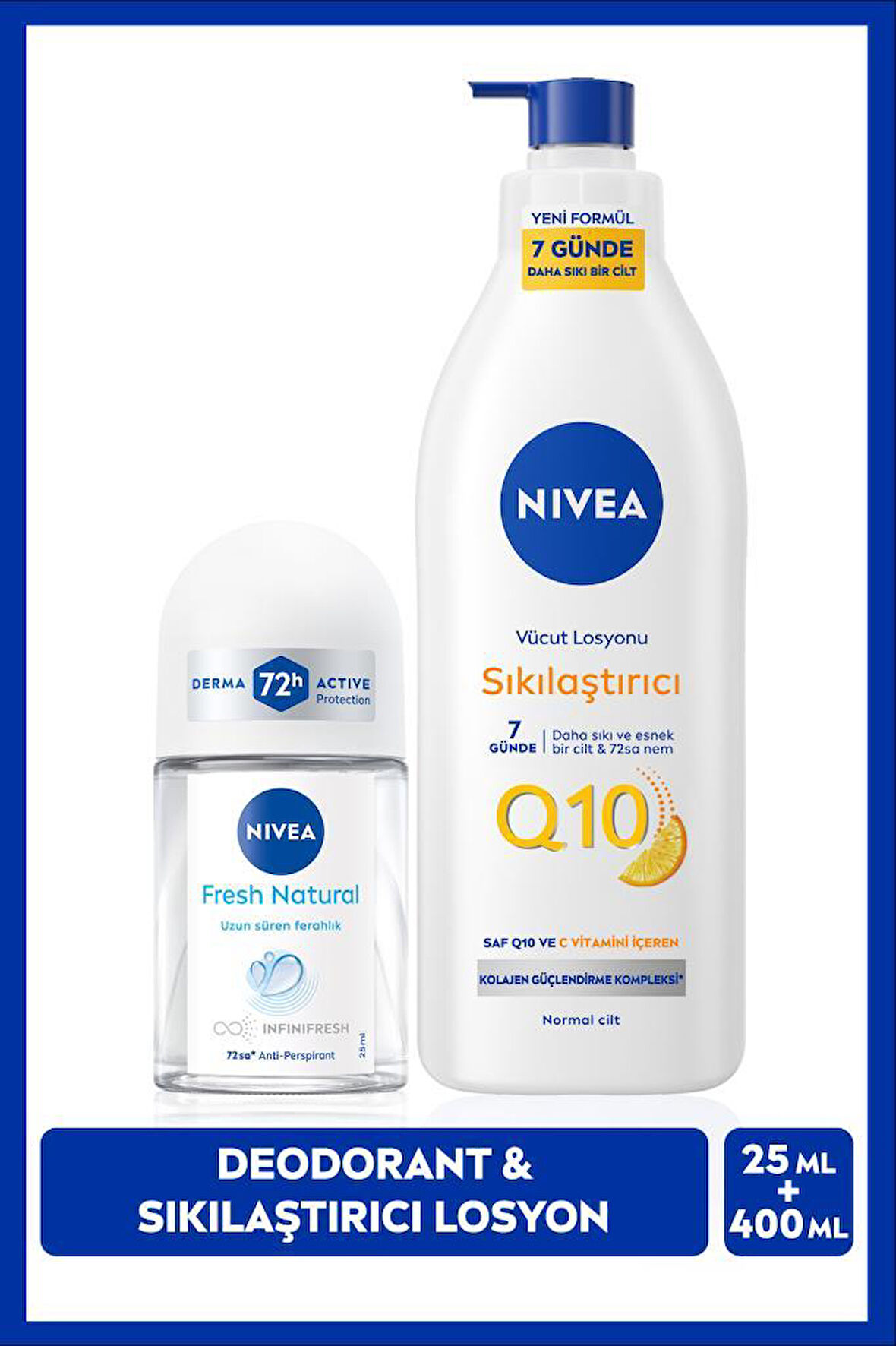 Q10 Sıkılaştırıcı Nemlendirici Vücut Losyonu400ml ve Kadın Mini Roll-on Deodorant Fresh Natural 25ml