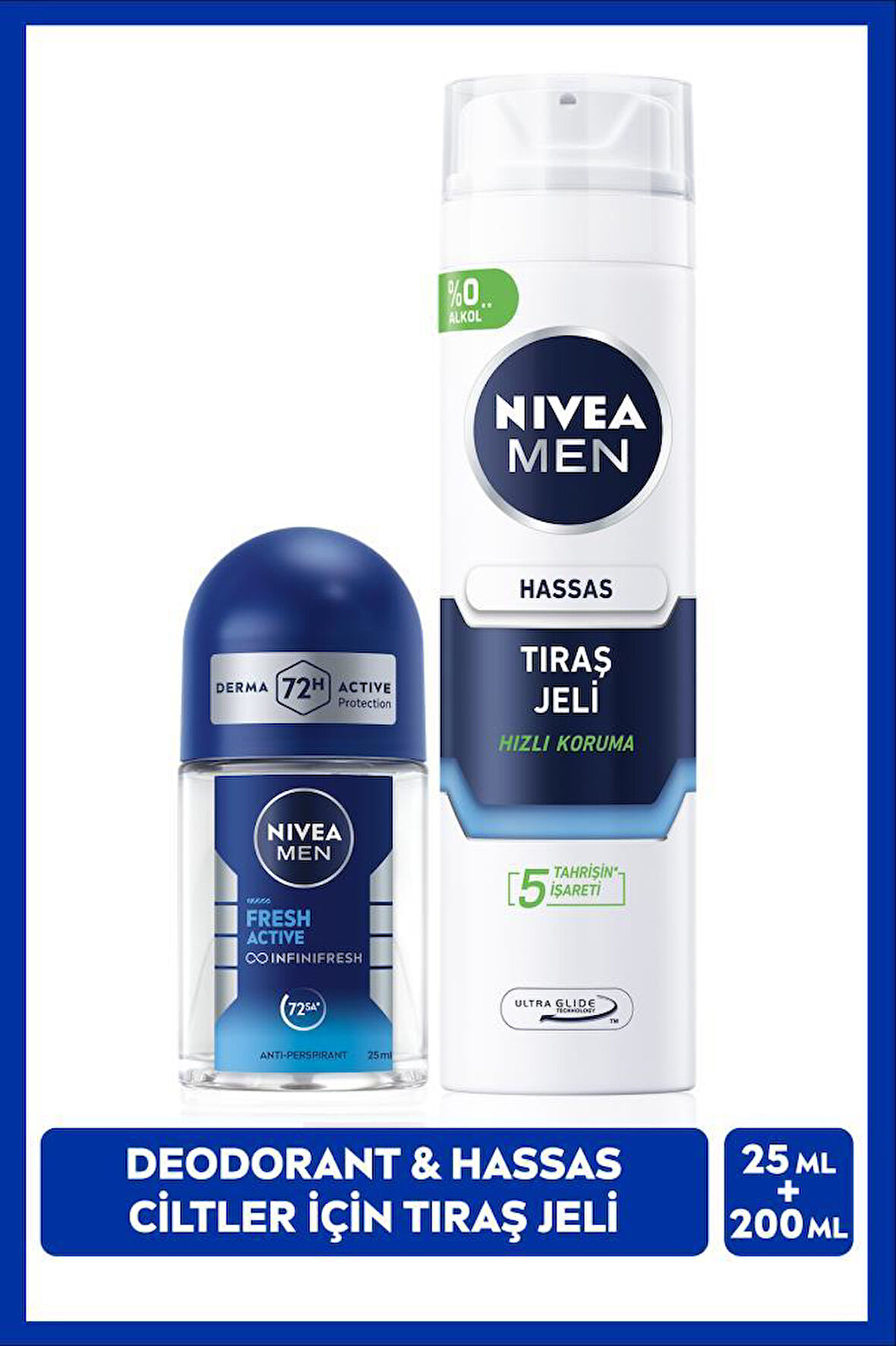 MEN Erkek Hassas Ciltler İçin Koruyucu Tıraş Jeli 200ml ve Mini Roll-on Deodorant Fresh Active 25ml