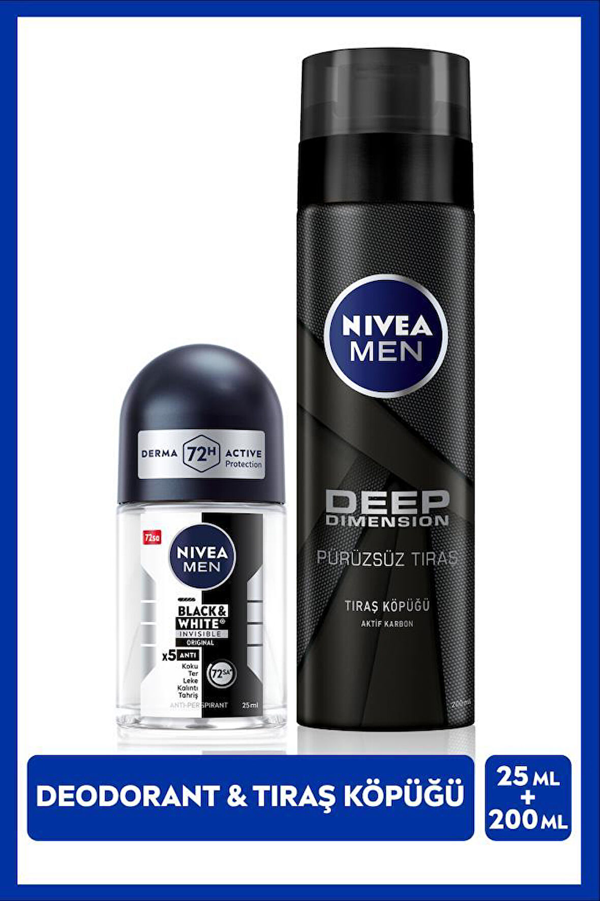 MEN Erkek Tıraş Köpüğü Deep Dimension 200ml ve Mini Roll-on Deodorant Black&White Original 25ml