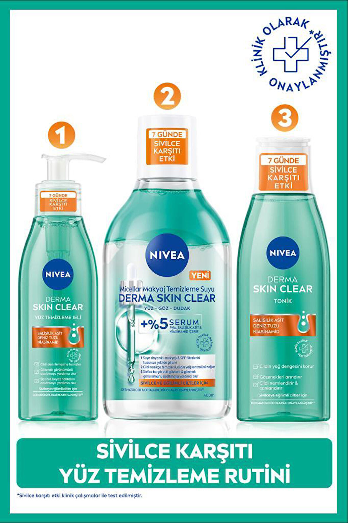 Derma Skin Clear Sivilce Karşıtı Yüz Temizleme Jeli 150ml, Makyaj Temizleme Suyu 400ml ve Tonik200ml